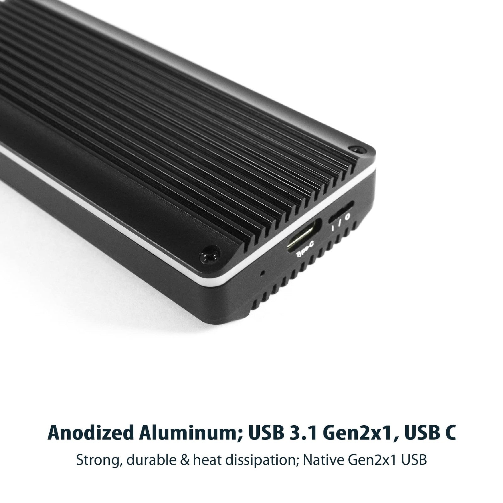 Vantec M.2 NVMe SSD to USB 3.1 Gen 2 Type C RGB enclosure in black, showing the portable SSD enclosure with RGB lighting.