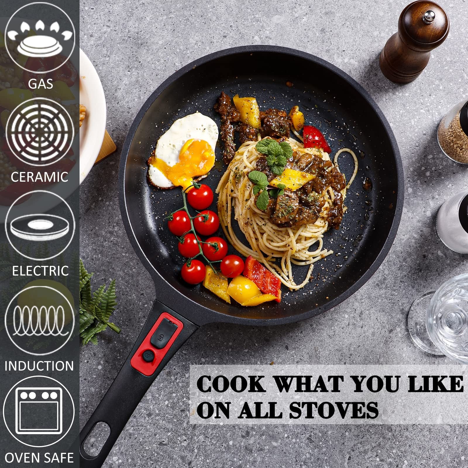 DIIG 11.5-inch nonstick cast aluminum frying pan with silicone lid, oven-safe skillet for cooking and frying.
