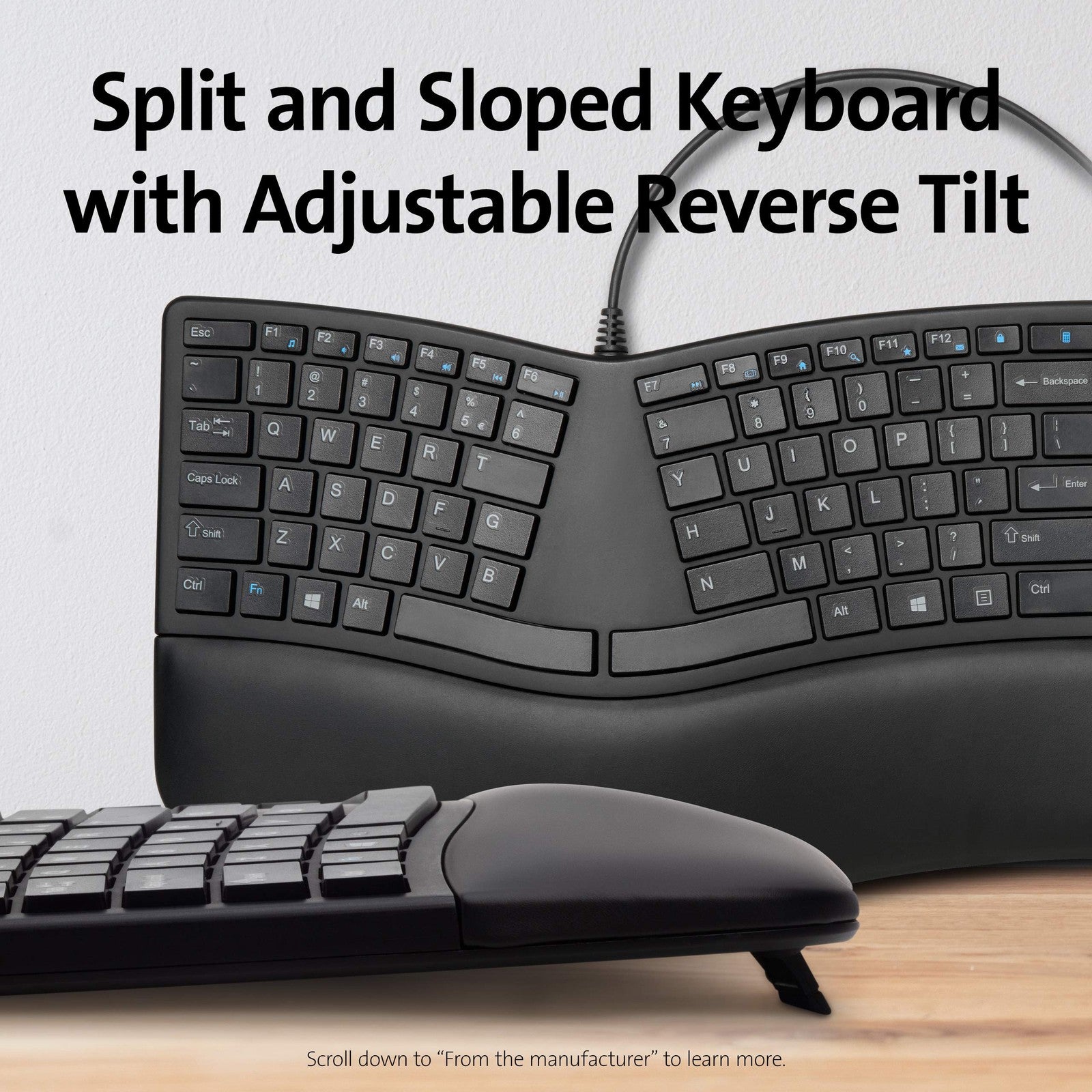 Kensington Pro Fit ergonomic wired keyboard in black with contoured keys and full-size layout for comfortable typing.