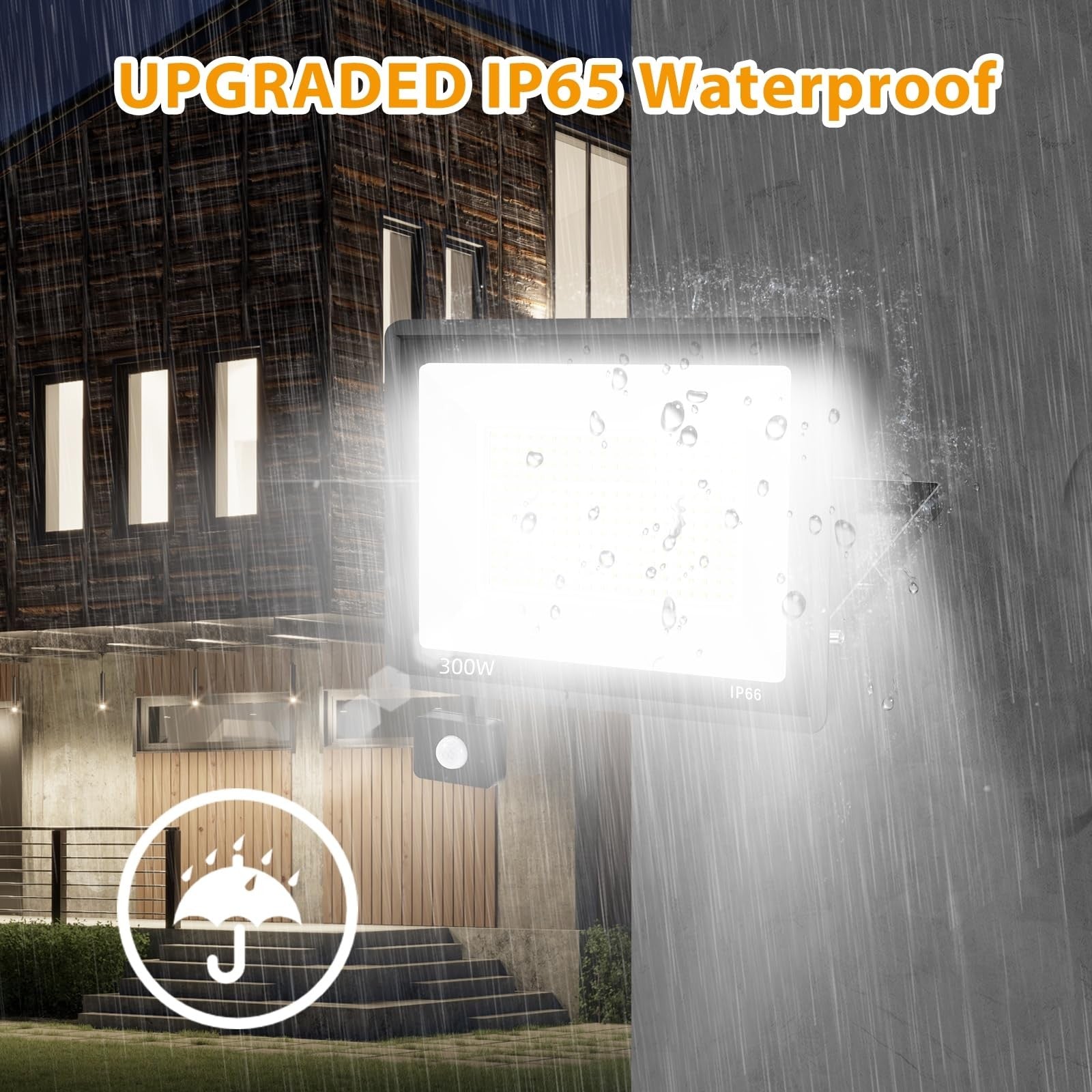 Two 300W LED motion sensor flood lights with plugs, super bright work lights suitable for outdoor security and illumination.