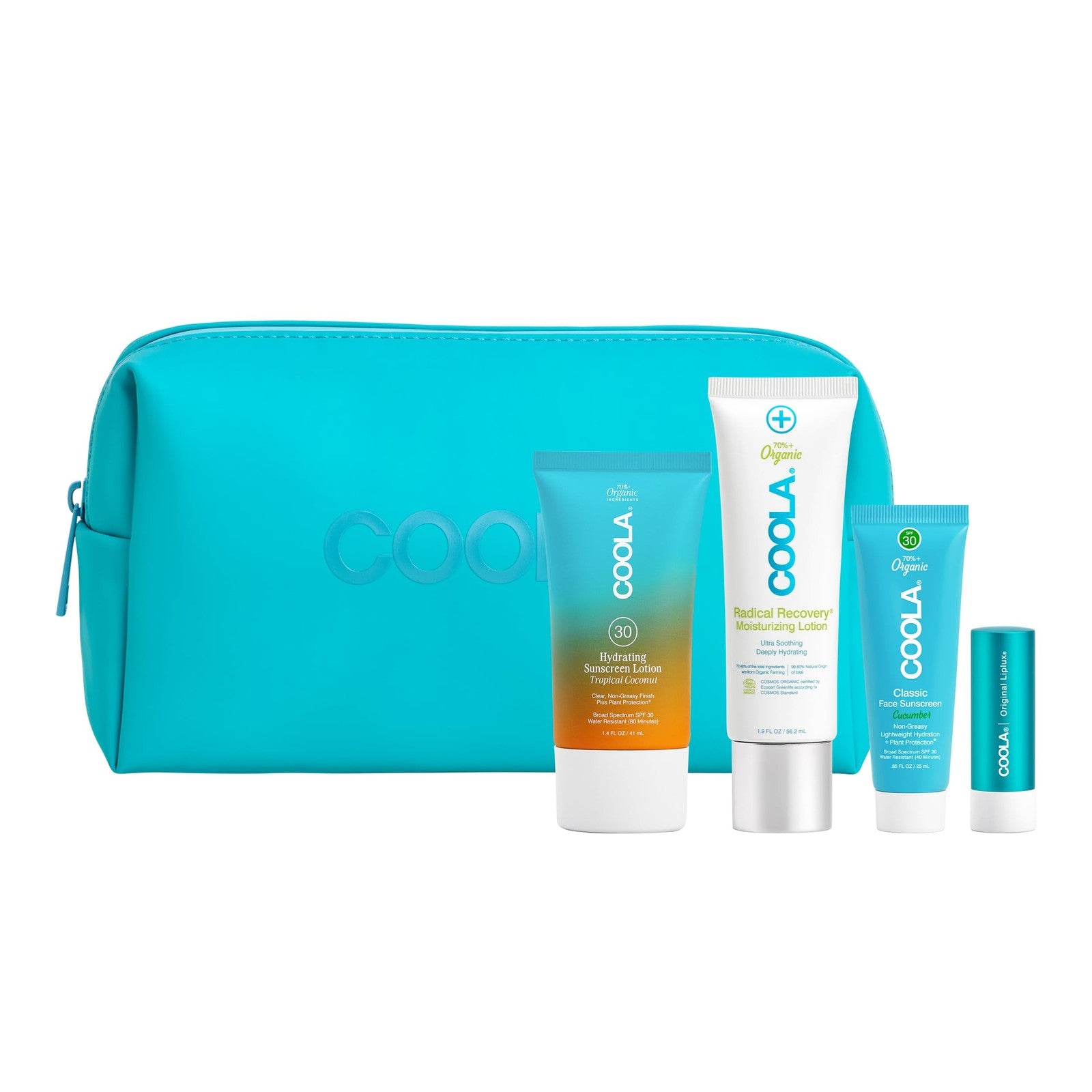 Coola Organic Sunscreen and Lip Balm SPF 30 Sun Essentials Kit with sunscreen bottle and lip balm in a compact package.
