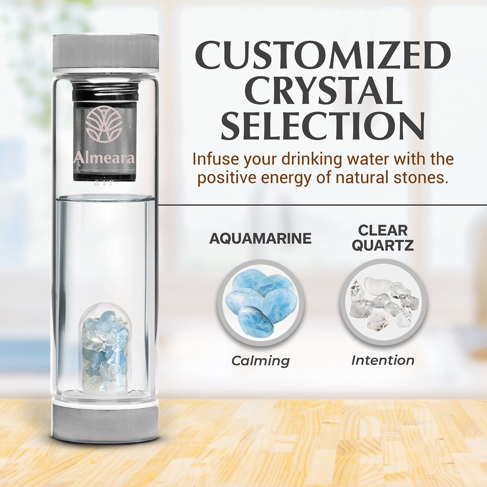 Almeara Crystal Water Bottle with aquamarine and clear quartz gemstones, transparent lead-free and BPA-free water container.
