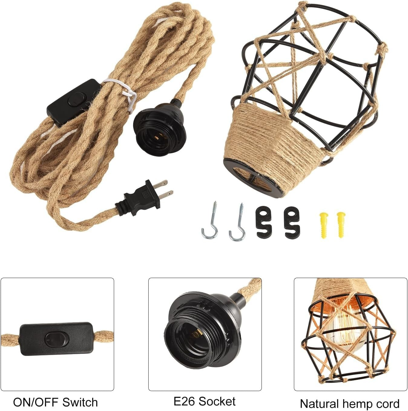 CAFULAM industrial hanging light with hemp rope, plug-in cord, on/off switch, farmhouse style pendant lighting for rustic decor.