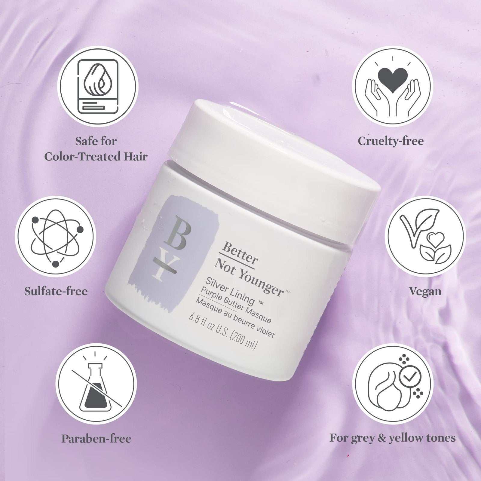 Better Not Younger Silver Lining Purple Hair Mask for women 40+ showing a jar of deep conditioning purple hair treatment.