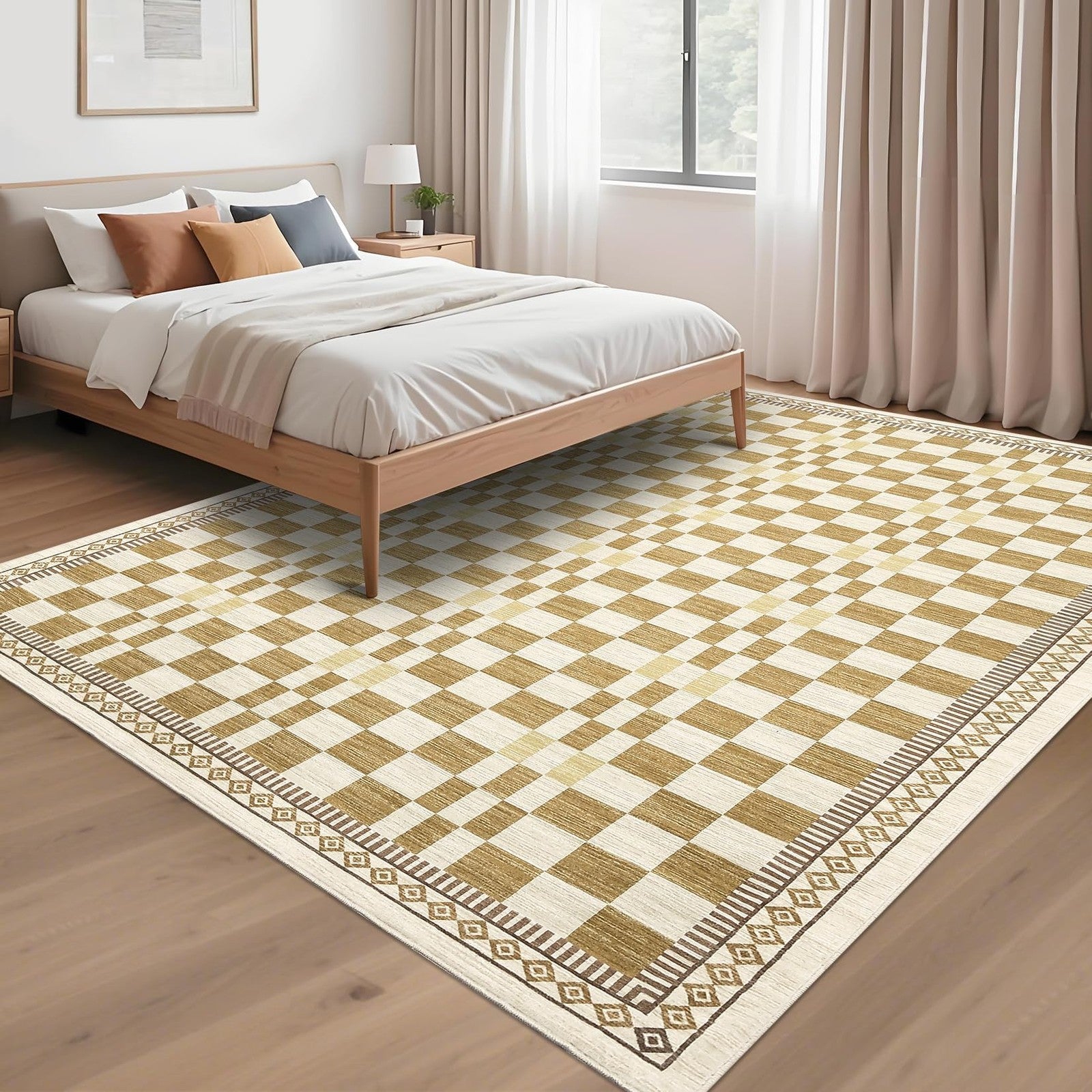 Garvee washable checkered 8x10 neutral area rug with a classic pattern, ideal for living room decor and large space coverage.