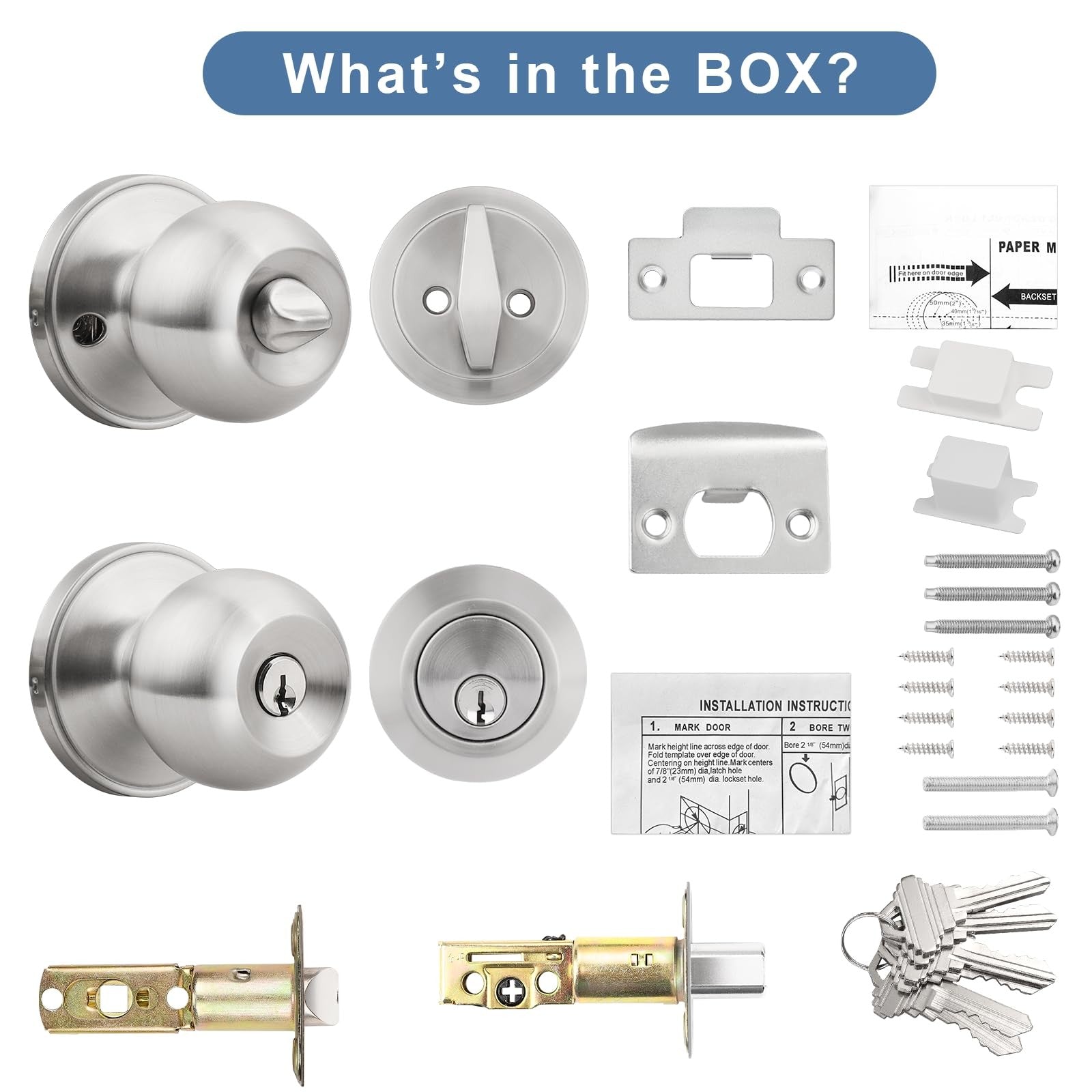 Knobonly keyed alike exterior door knob with round stainless steel deadbolt lock, suitable for outdoor residential use.