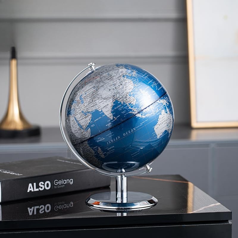 TTKTK 8-inch world globe with stainless steel stand, modern desktop Earth globe showing continents and oceans.