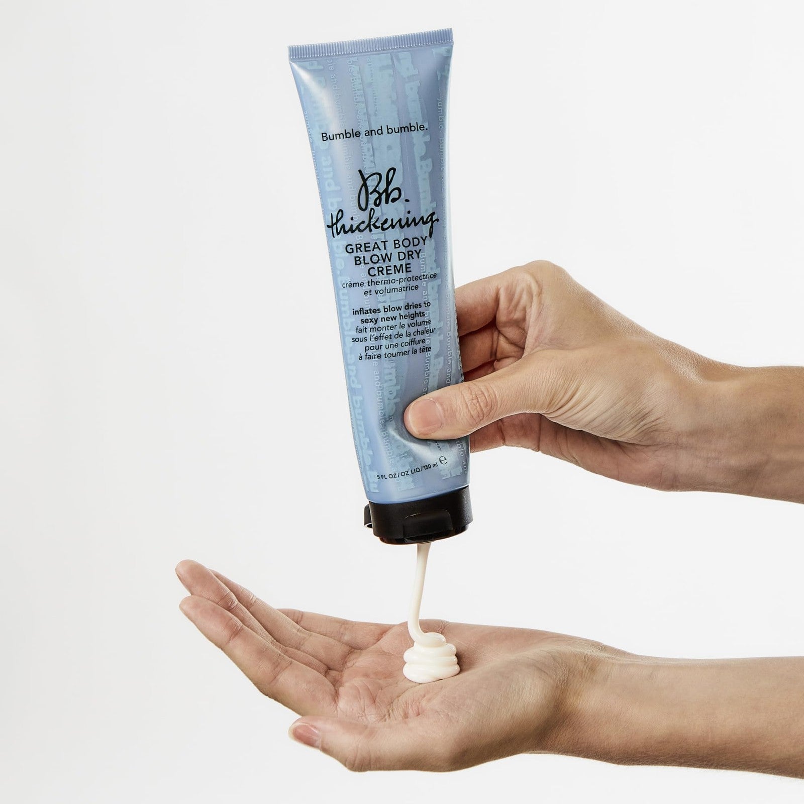 Bumble and bumble Thickening Great Body volumizing blow dry cream with heat protection, shown in a tube ready for styling.