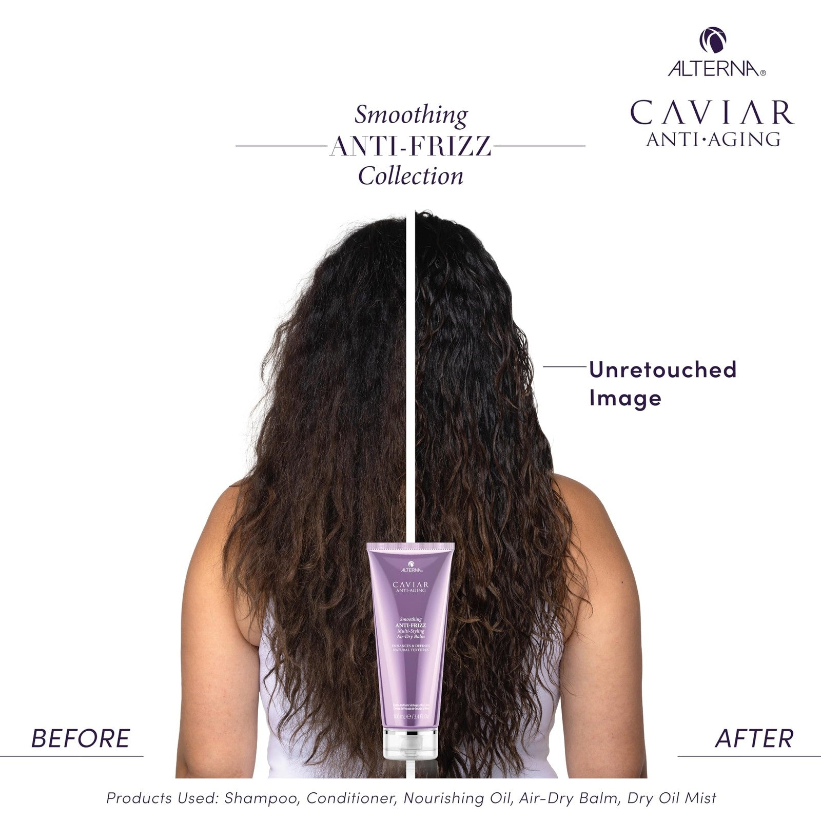 Alterna Caviar Anti-Aging Smoothing Anti-Frizz Multi-Styling Air Dry Balm in 3.4 oz tube, showing the product packaging and applicator.