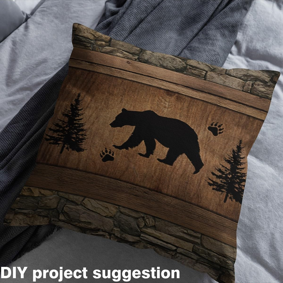 Rustic Bear fabric by Castle Fairy featuring vintage wildlife silhouette, waterproof outdoor fabric with a natural woodland design.