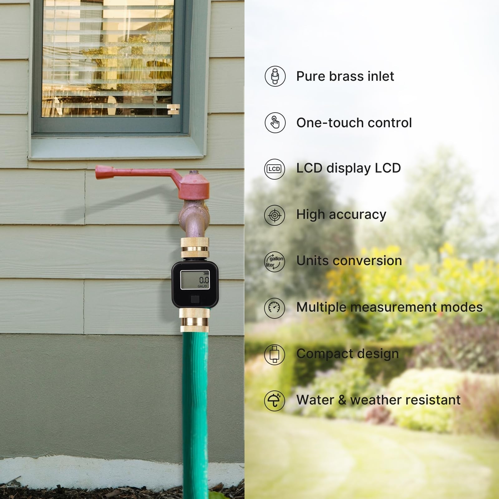 MOES water flow meter with brass inlet, metal thread, showing digital display for measuring gallons or liters.