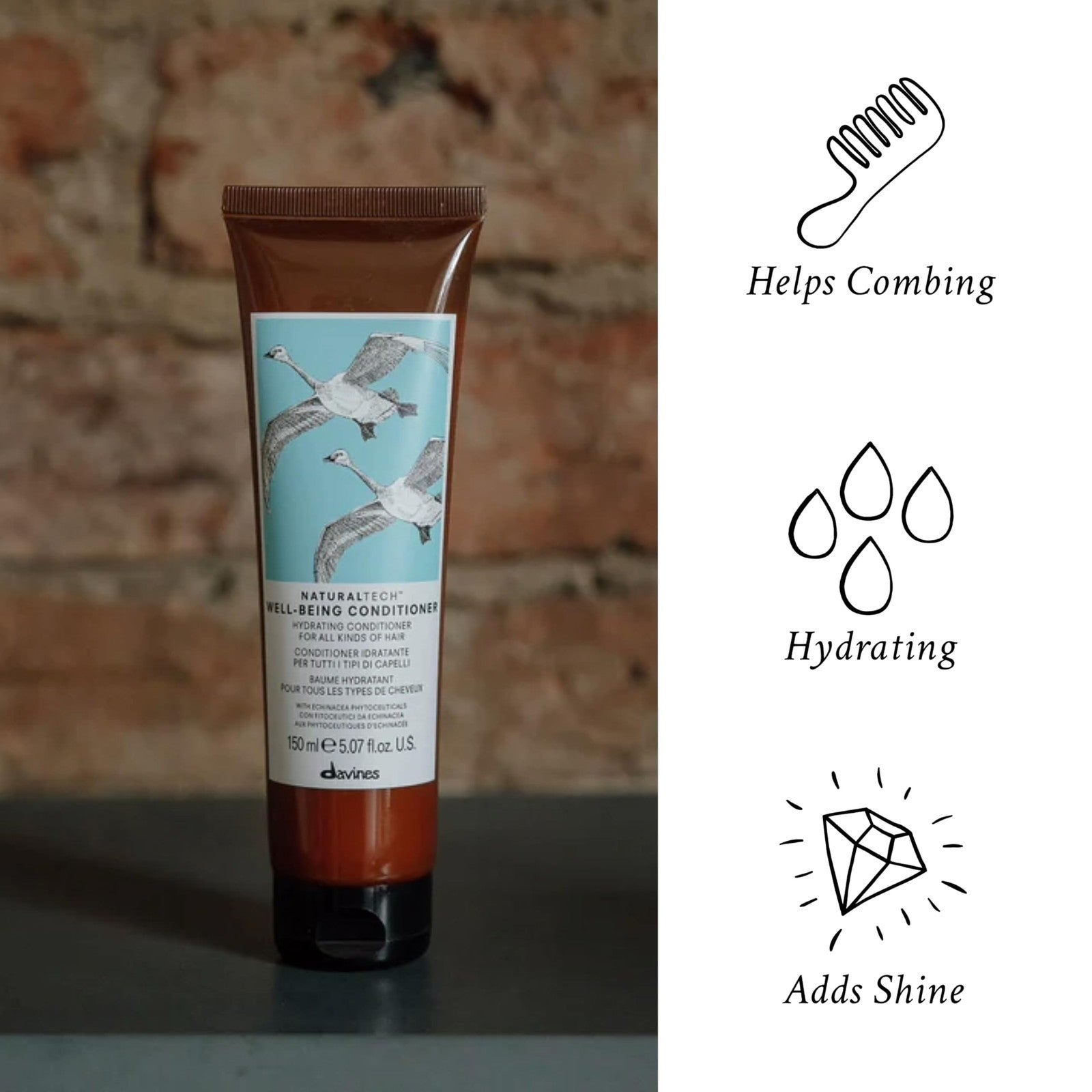 Davines Naturaltech WELLBEING Conditioner for detangling and moisture, with a smooth, creamy texture visible in the image.
