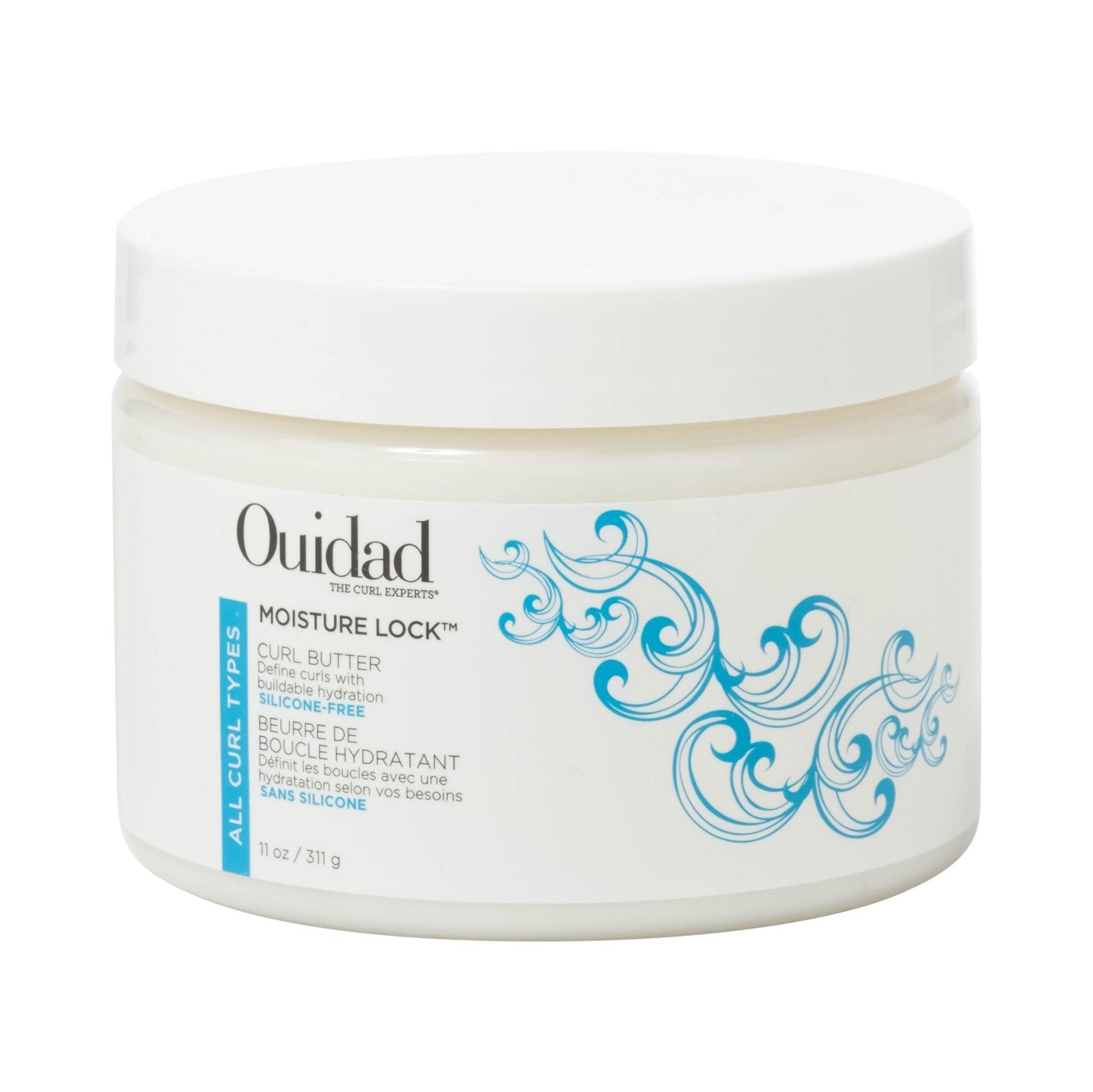 Ouidad Moisture Lock Curl Butter jar showing nourishing hydrating cream for curly hair, 11 oz container with a white lid