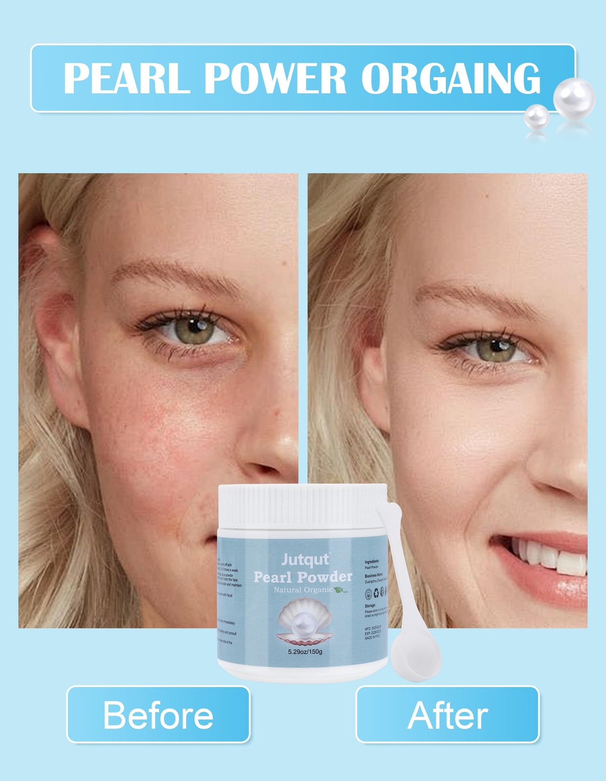 Jutqut organic freshwater pearl powder in a 150g jar, natural skincare ingredient for DIY beauty routines