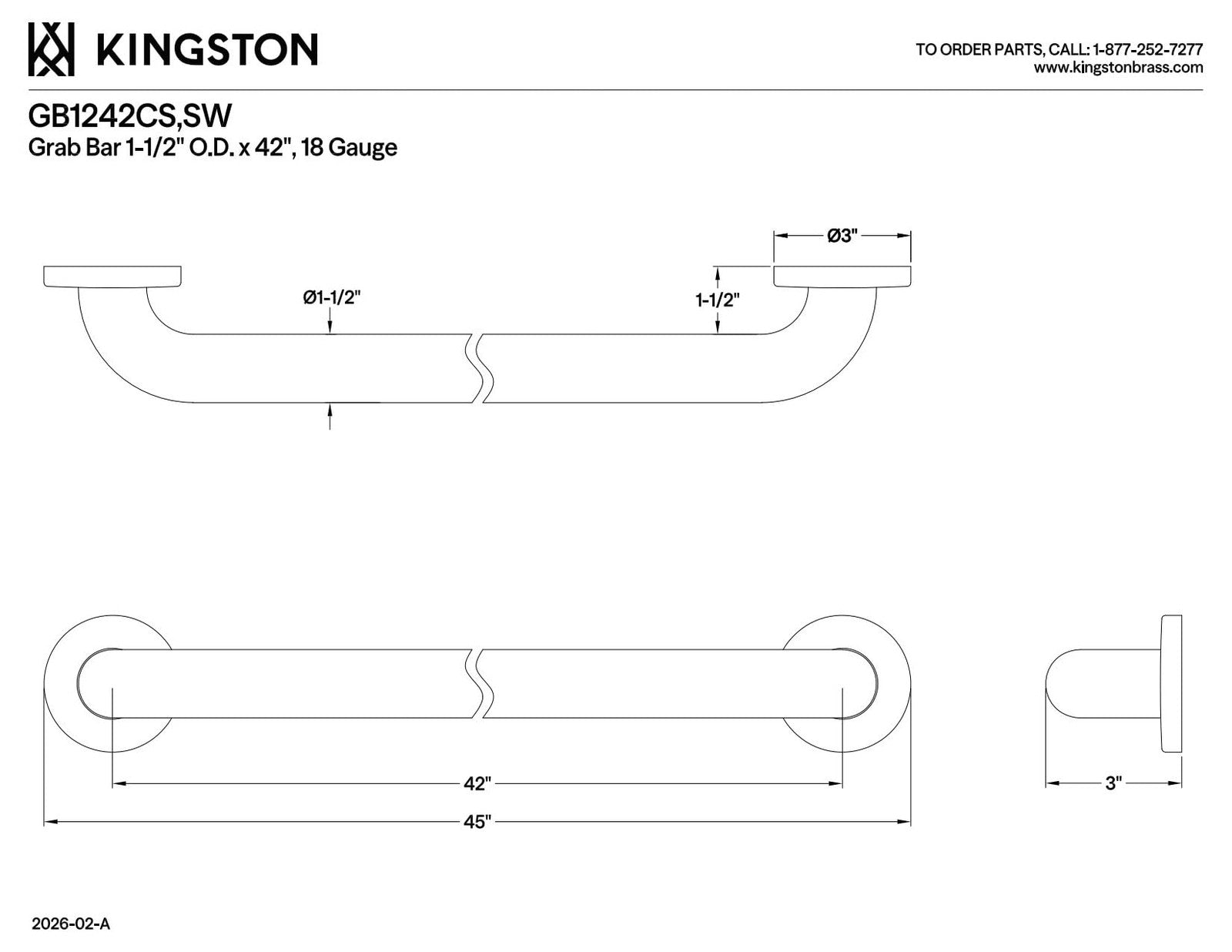 Kingston Brass Designer Trimscape concealed flange ADA 42-inch grab bar mounted on bathroom wall for safety and support