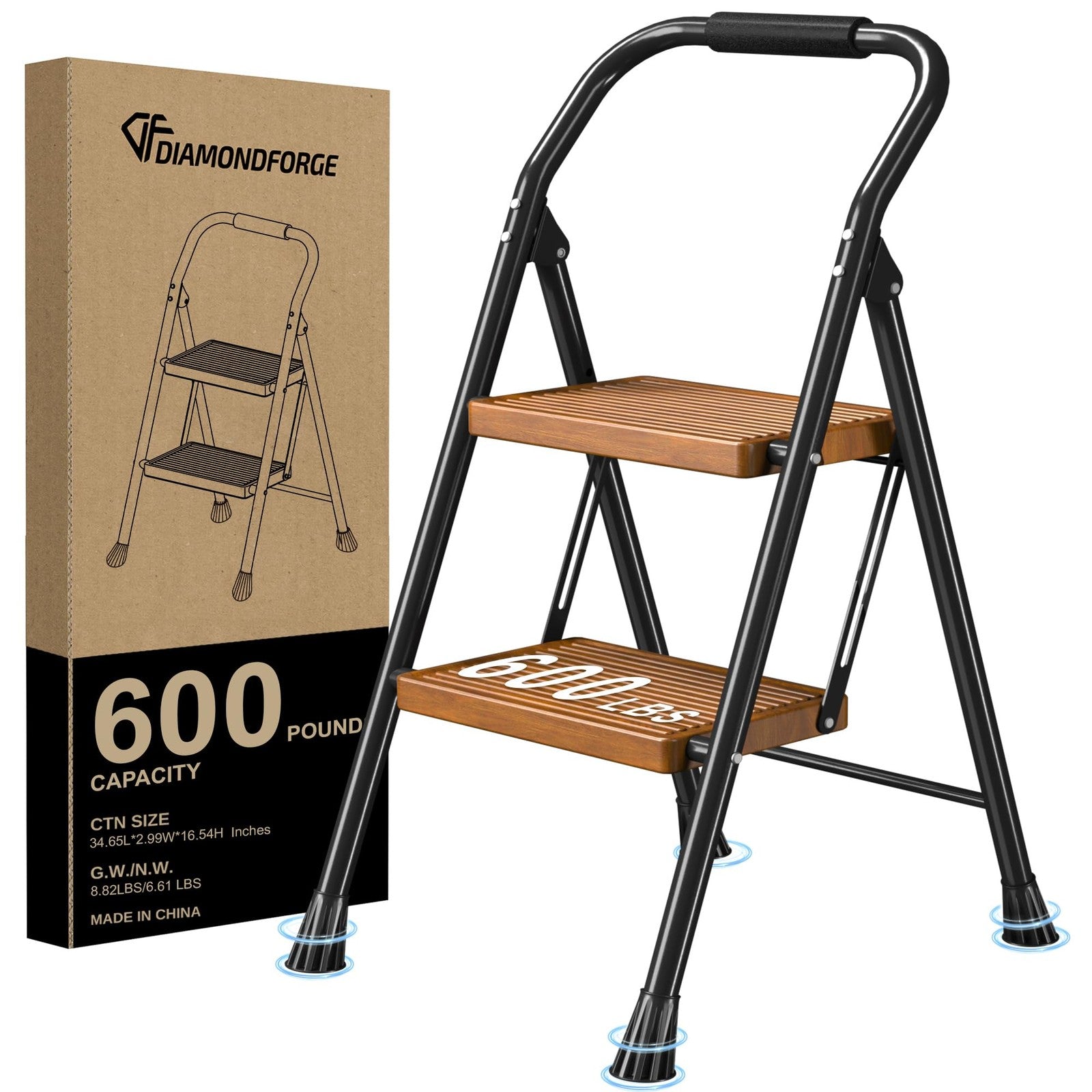 Foldable DIAMONDFORGE step ladder with two steps, suitable for home, kitchen, and adult use, shown in a folded and extended position.
