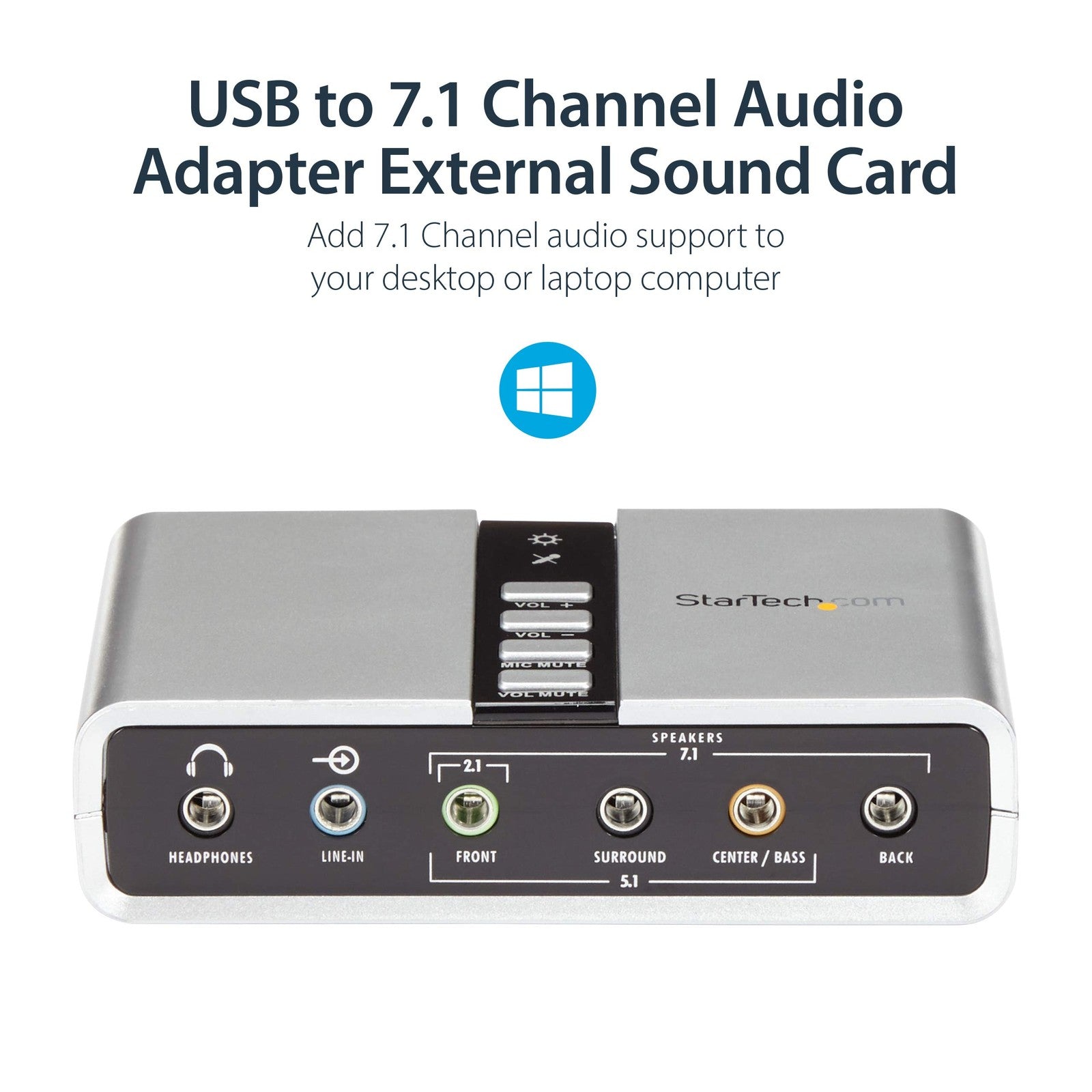 StarTech.com 7.1 USB sound card external audio interface with SPDIF digital output for laptops and audio setups.