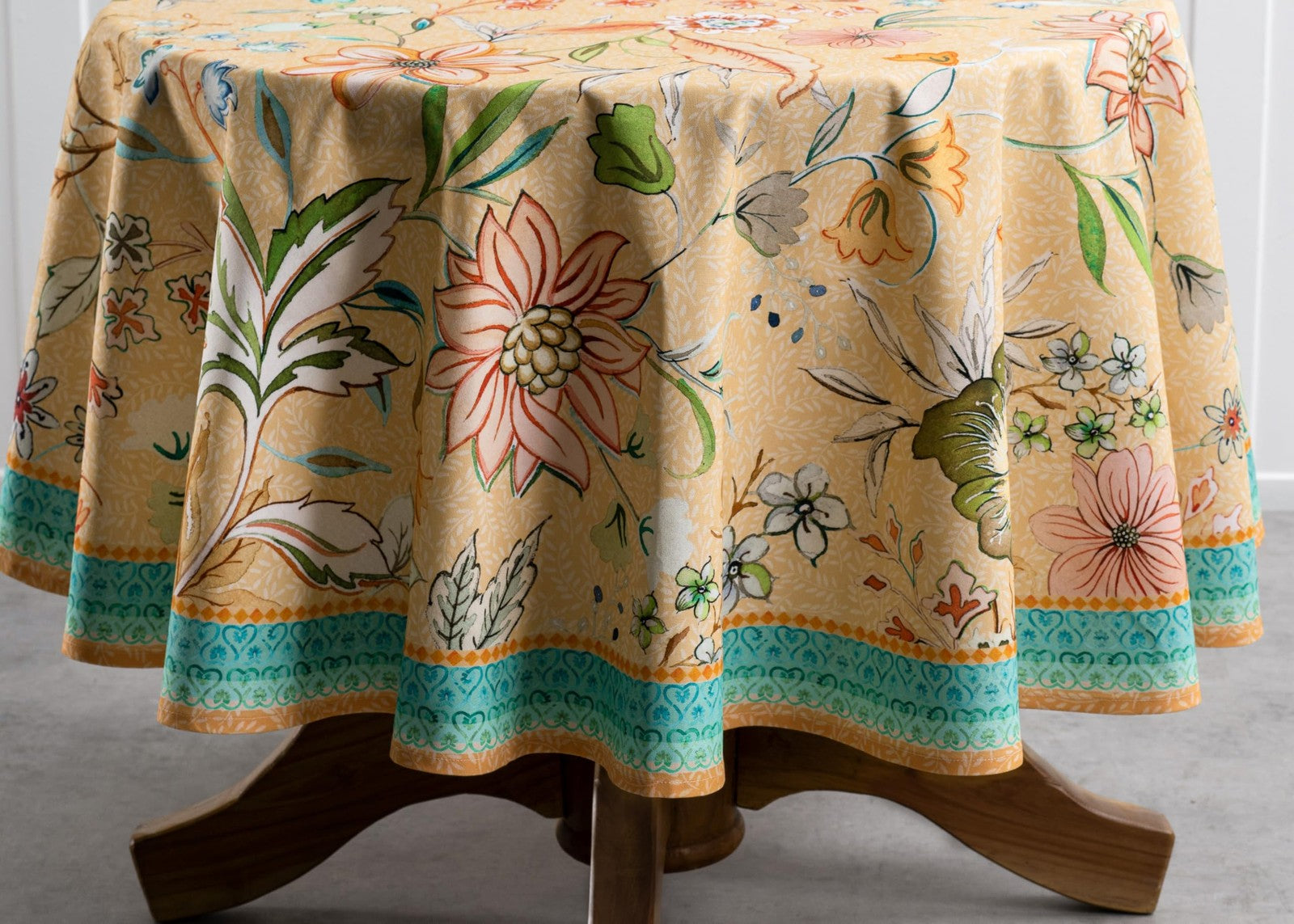 Round Maison d'Hermine cotton table cloth with intricate pattern, 63-inch diameter for elegant dining or special occasions.