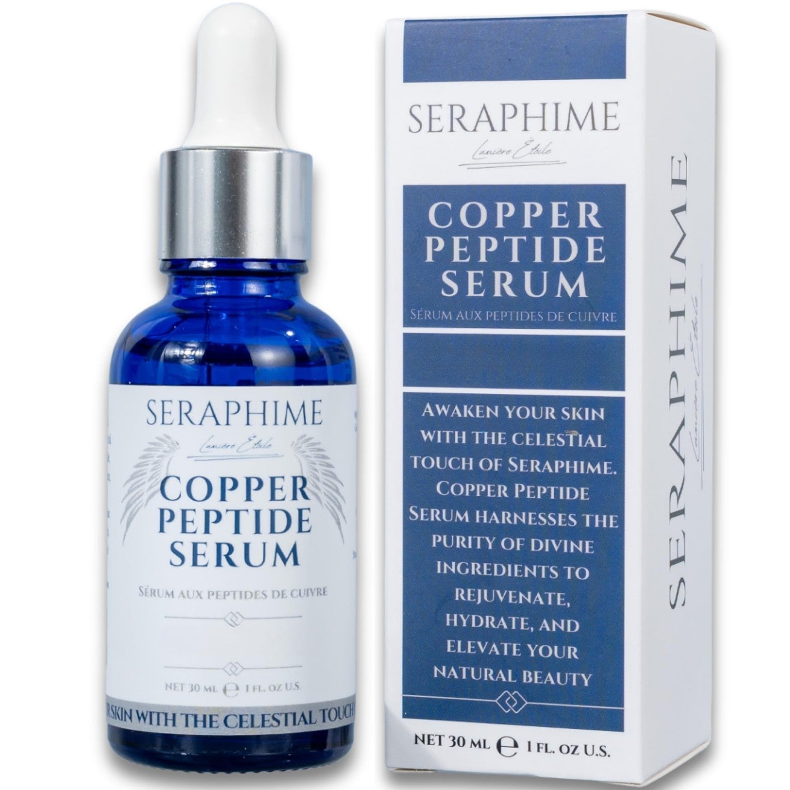 Seraphime Copper Peptides Serum for face, featuring a dropper bottle with clear liquid and a sleek design.