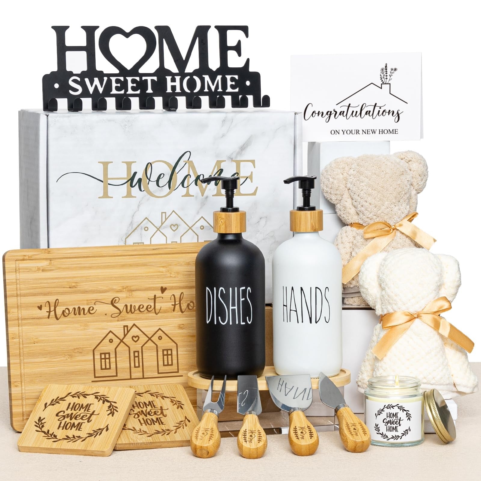 YLOVAN housewarming gift basket with home essentials and decorative items for new homeowners or couples moving in.