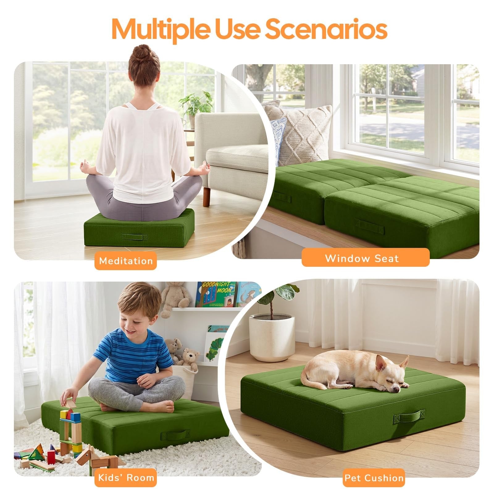 Two sets of large Memorecool square floor pillows for adults and kids, soft meditation cushions for comfort and relaxation.
