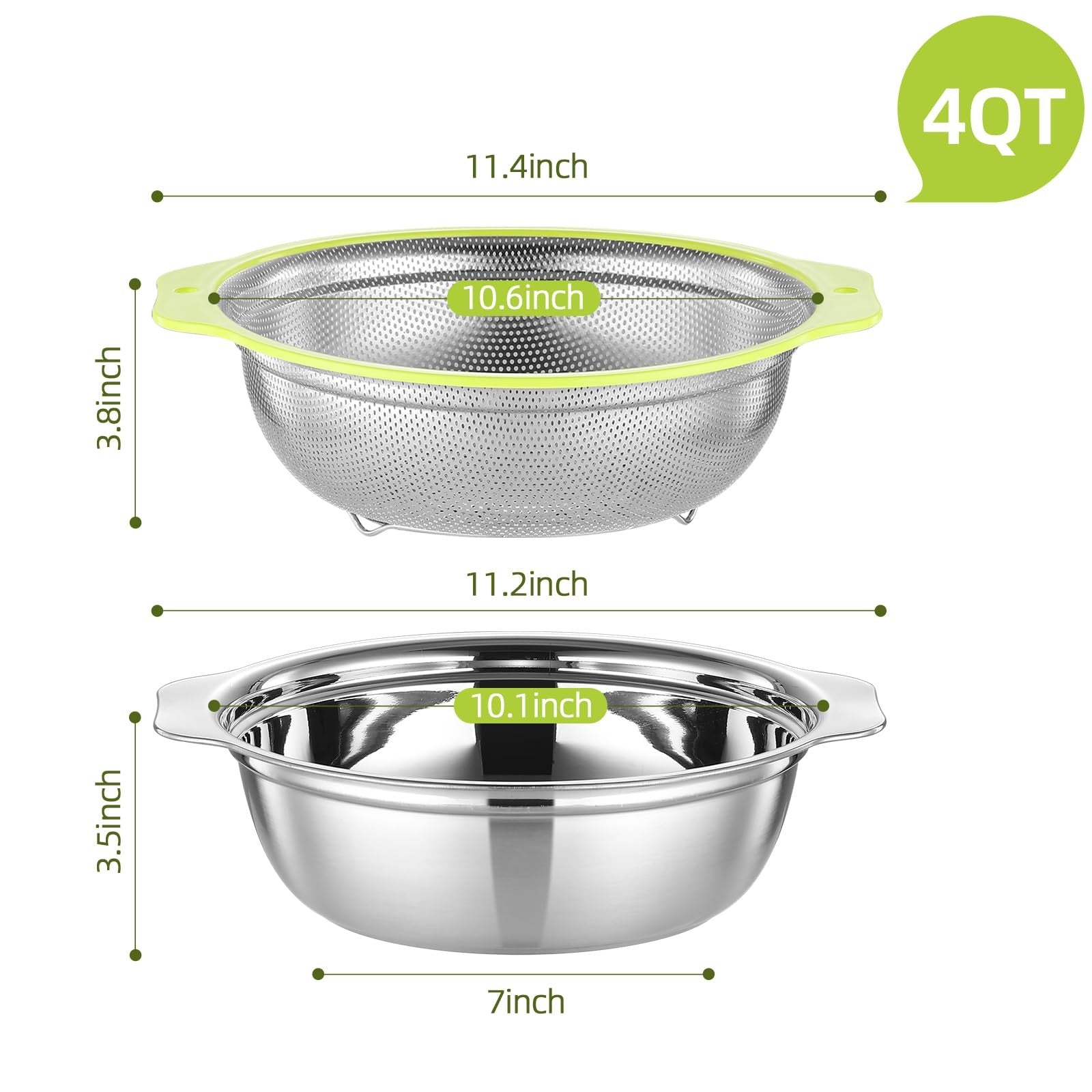 AHIABOAT stainless steel 4-quart colander with microporous design, large capacity rice strainer for kitchen use