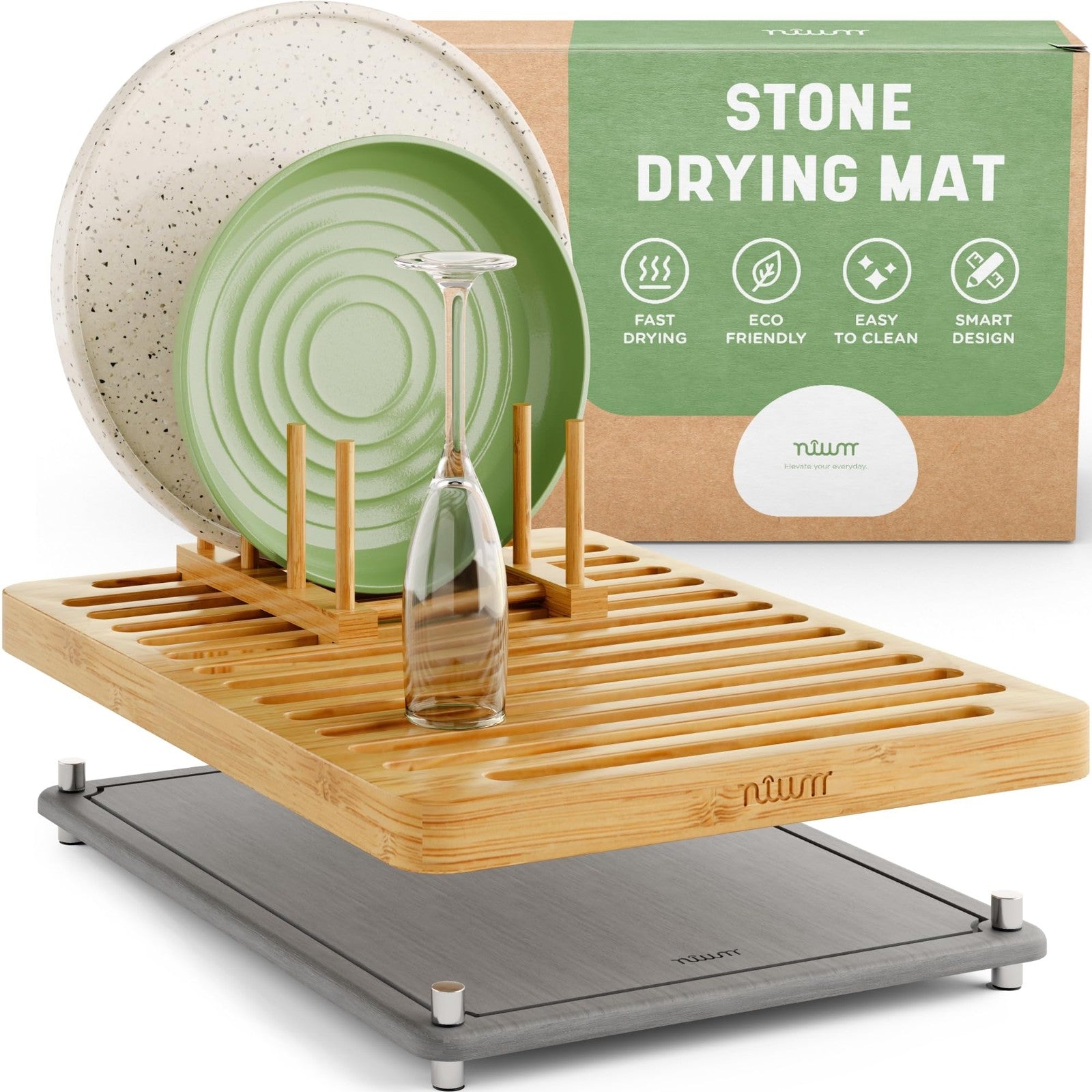 Nium diatomaceous stone drying mat with bamboo rack on kitchen counter, 16x12 inches, for drying dishes and utensils.