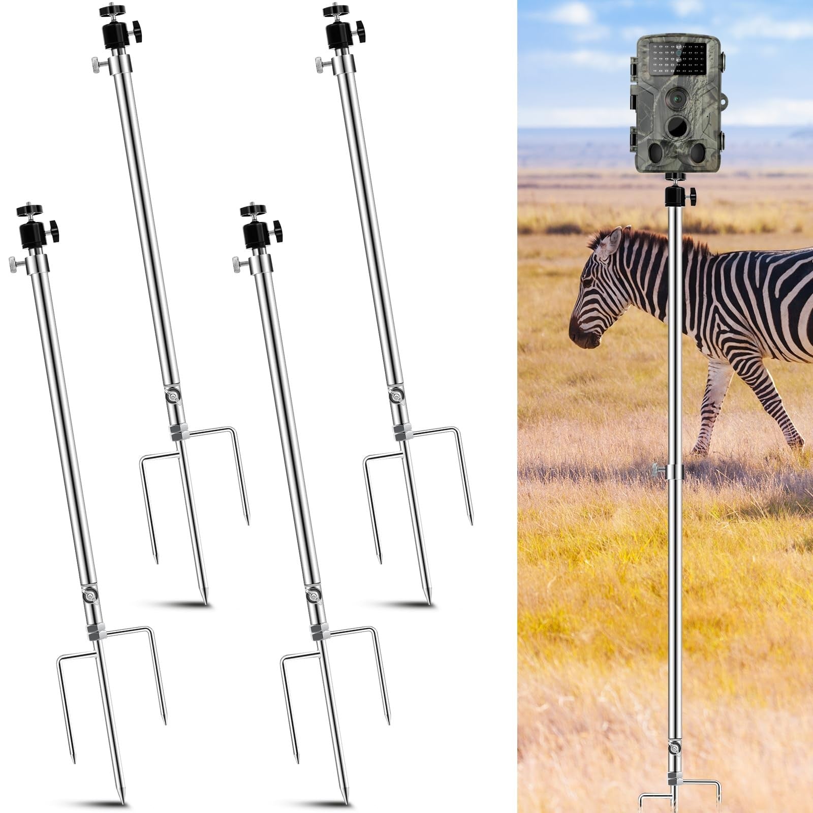 Relaxweex 4-piece trail game camera stand set with thick foldable stainless steel construction for outdoor wildlife monitoring.