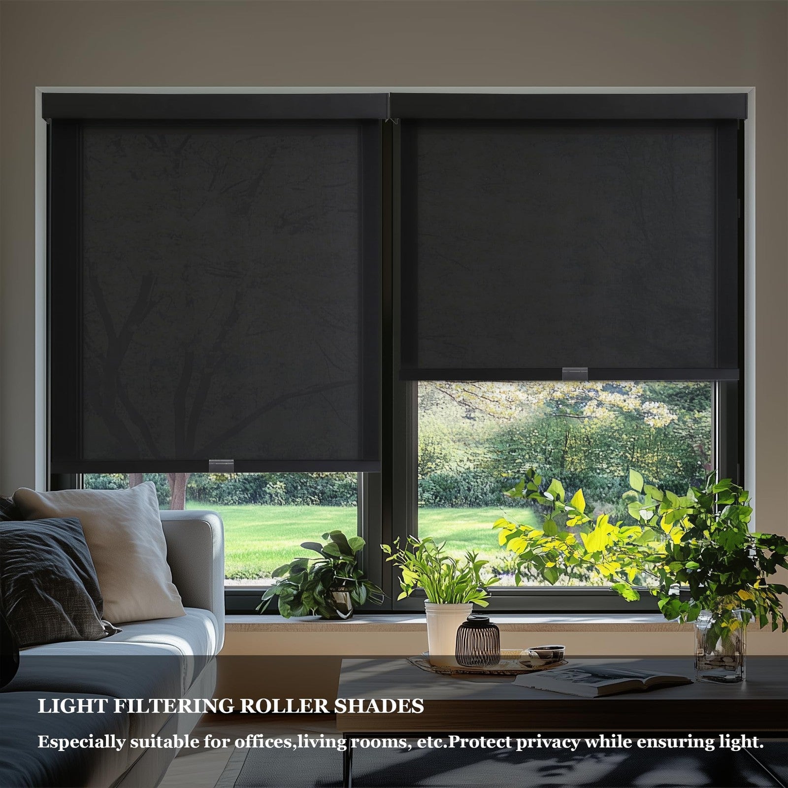 AOSKY light filtering cordless roller shades for windows with 1% openness, showing the beige fabric and sleek design.