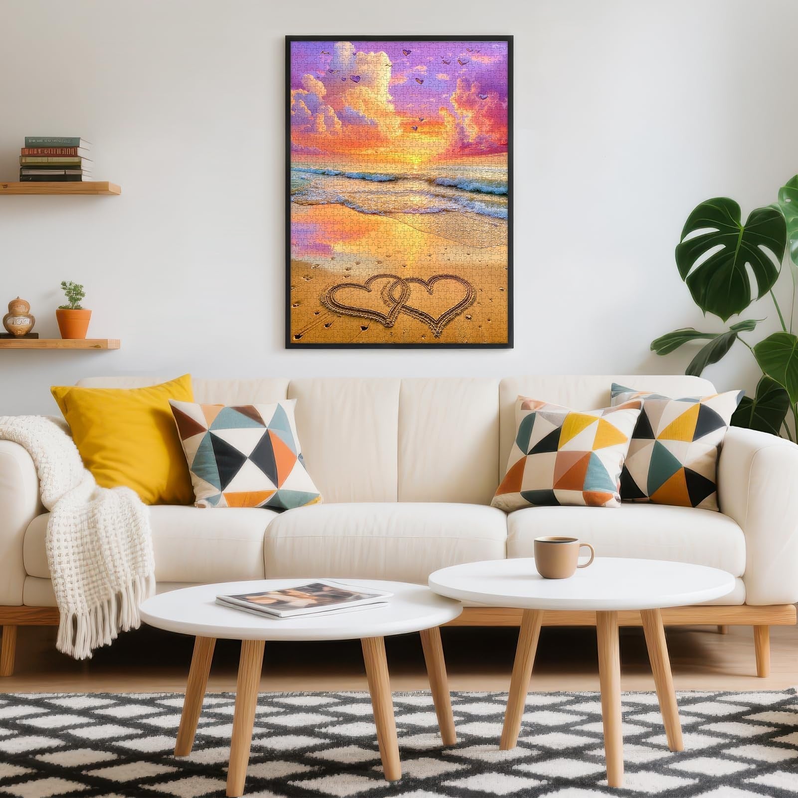 Kidsu 1000-piece romantic heart beach sunset jigsaw puzzle for adults, featuring vibrant sunset and ocean scene.