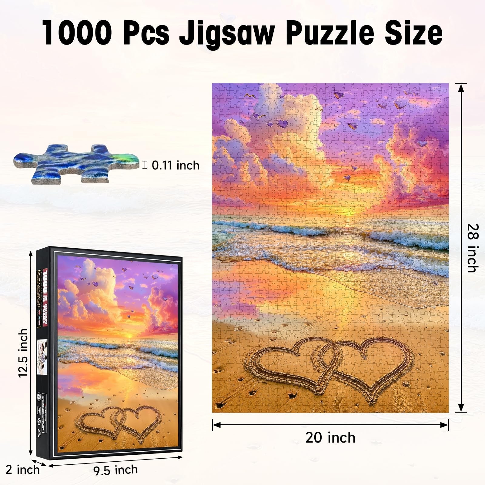 Kidsu 1000-piece romantic heart beach sunset puzzle for adults, featuring vibrant ocean views and sunset scenery.