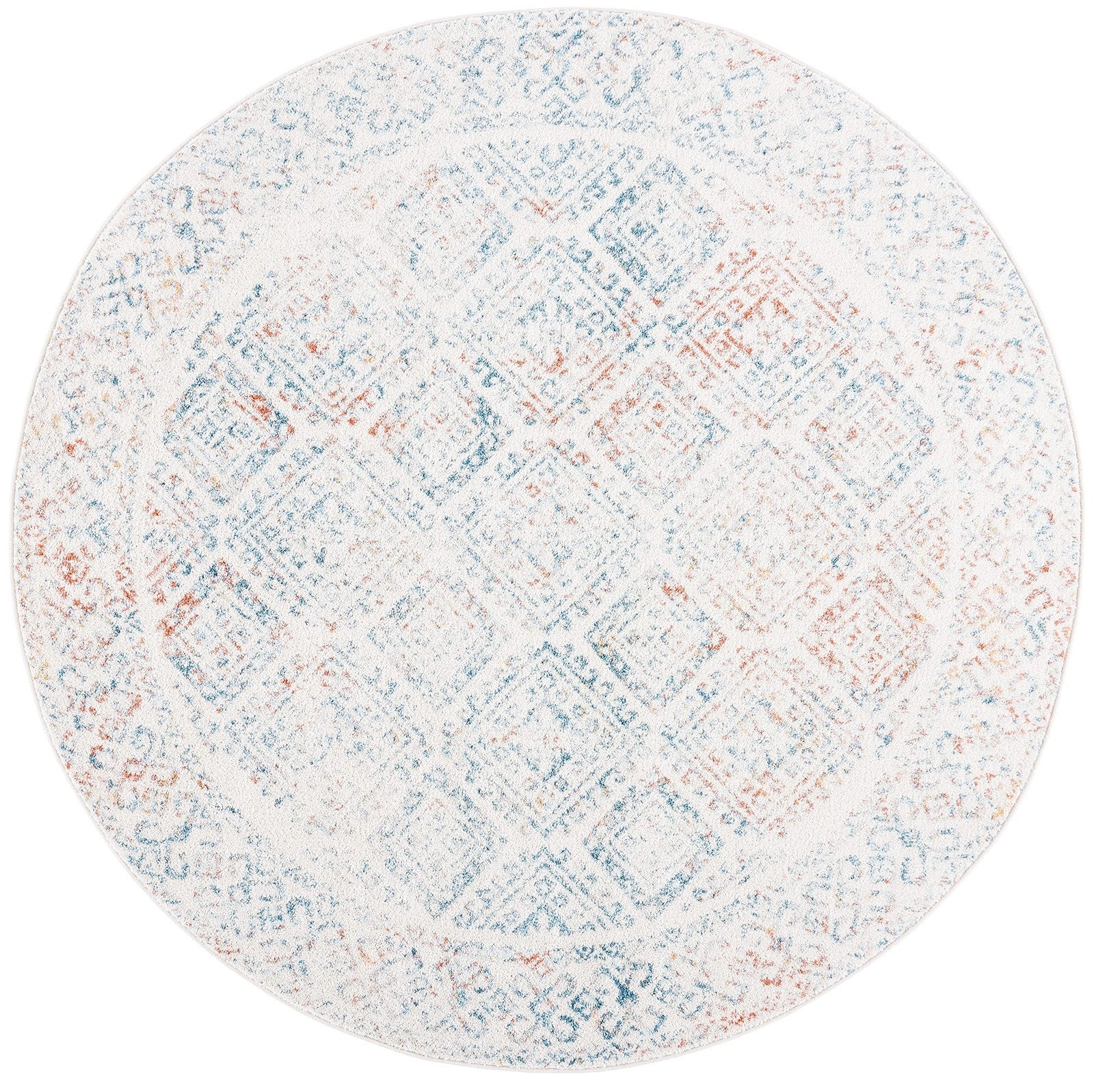 Safavieh Tulum Collection round ivory and terracotta Moroccan boho area rug with intricate patterns and textured design.