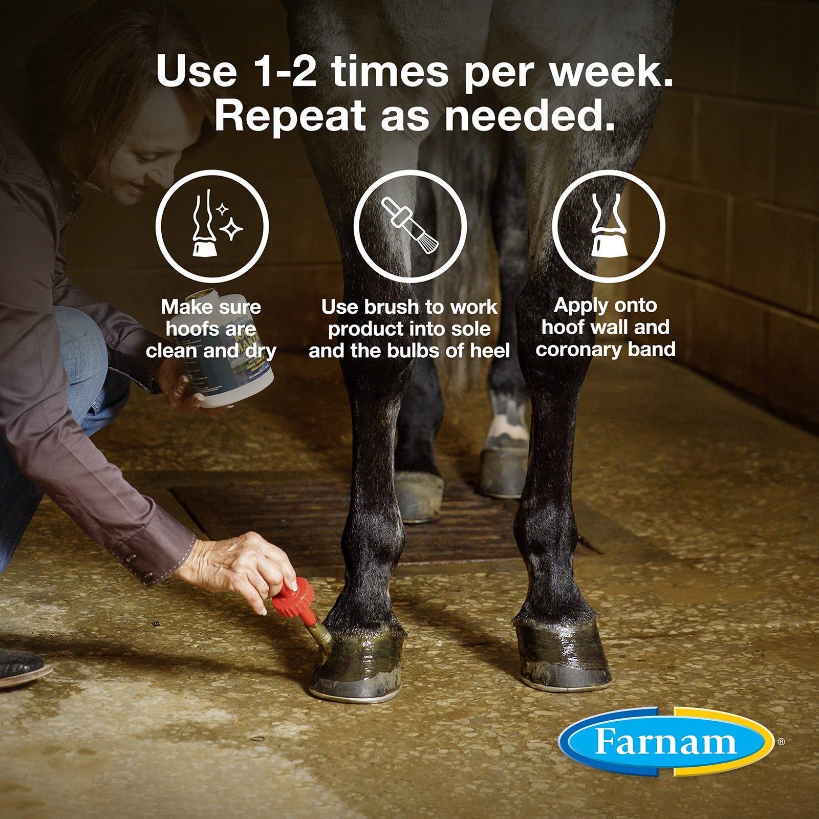Farnam Rain Maker Triple Action Hoof Oil for horses in a 32 oz bottle, showing the bottle and hoof care product.