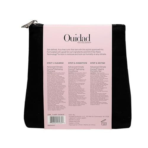 Ouidad Frizz-Free Wash Day Hair Care Kit for Curly Hair, featuring anti-frizz shampoo and conditioner in a sleek packaging.