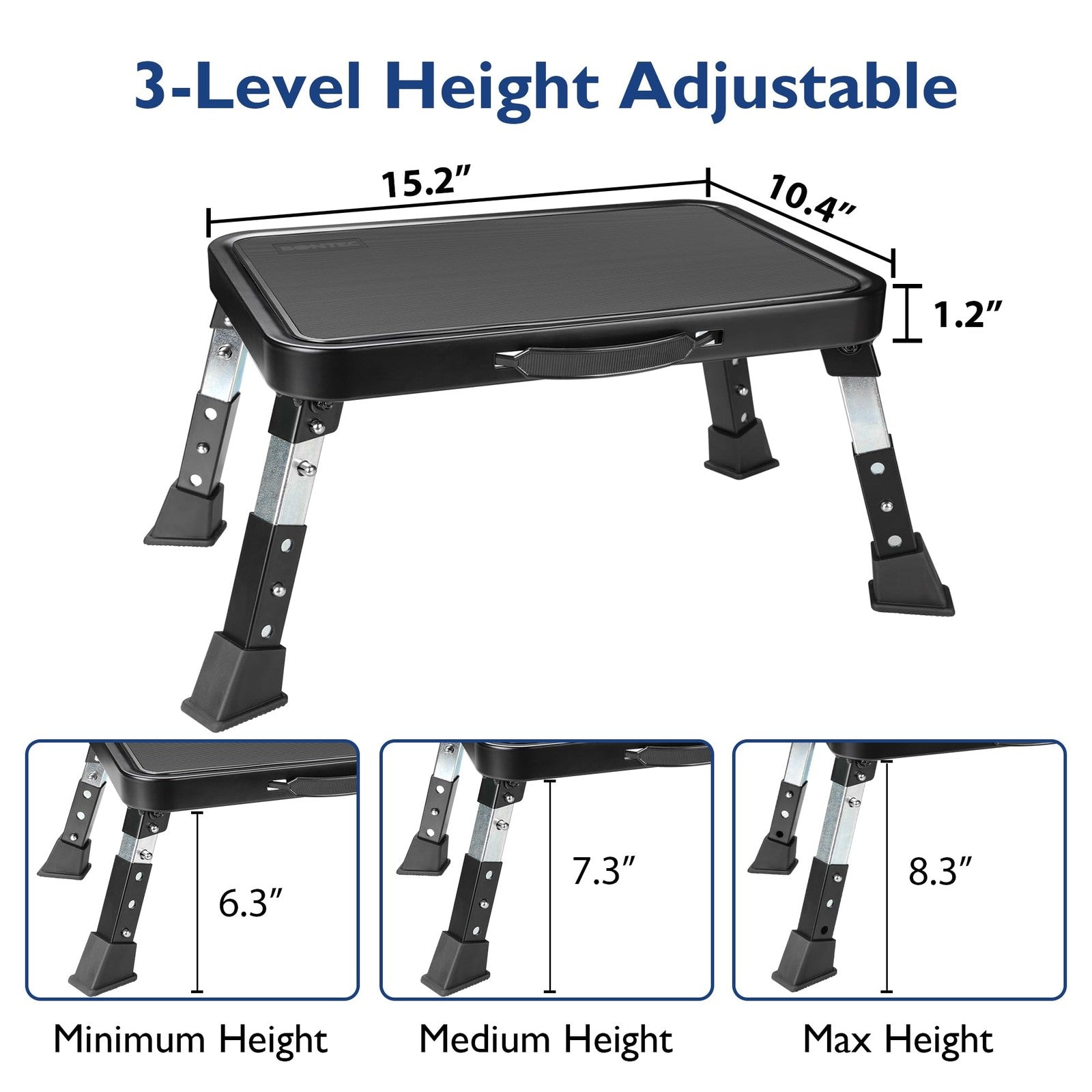 BONTEC folding 3-level adjustable metal step stool with anti-slip platform, sturdy and compact for home and office use