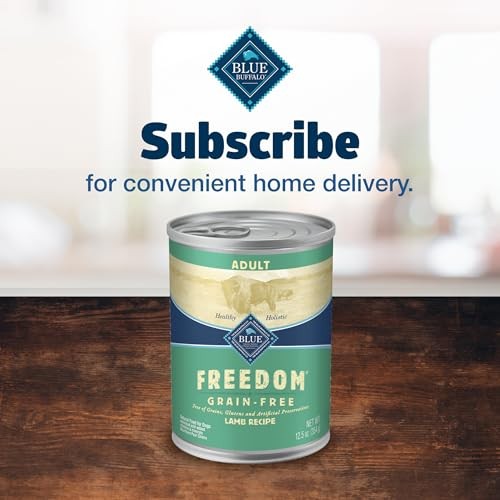 Blue Buffalo Freedom grain-free wet dog food with lamb in 12.5 oz cans, featuring images of the food and cans.