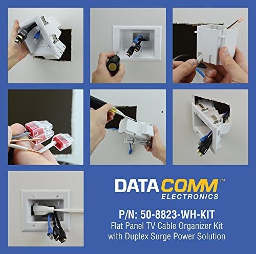 White Datacomm recessed low voltage cable plate with power kit, featuring multiple ports for easy cable management and installation.