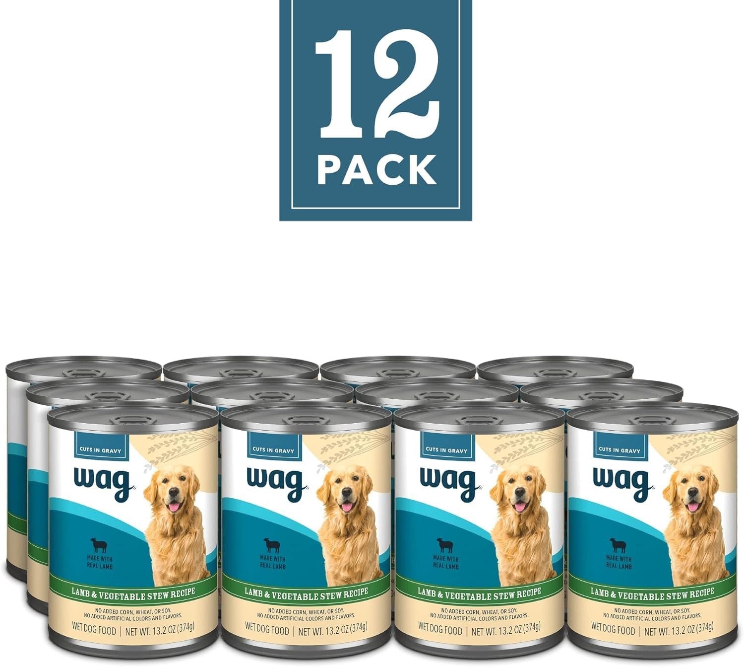 WAG Wet Dog Food Stew Lamb and Vegetables in gravy, 13.2oz can, pack of 12, featuring chunks of lamb and vegetables in sauce.