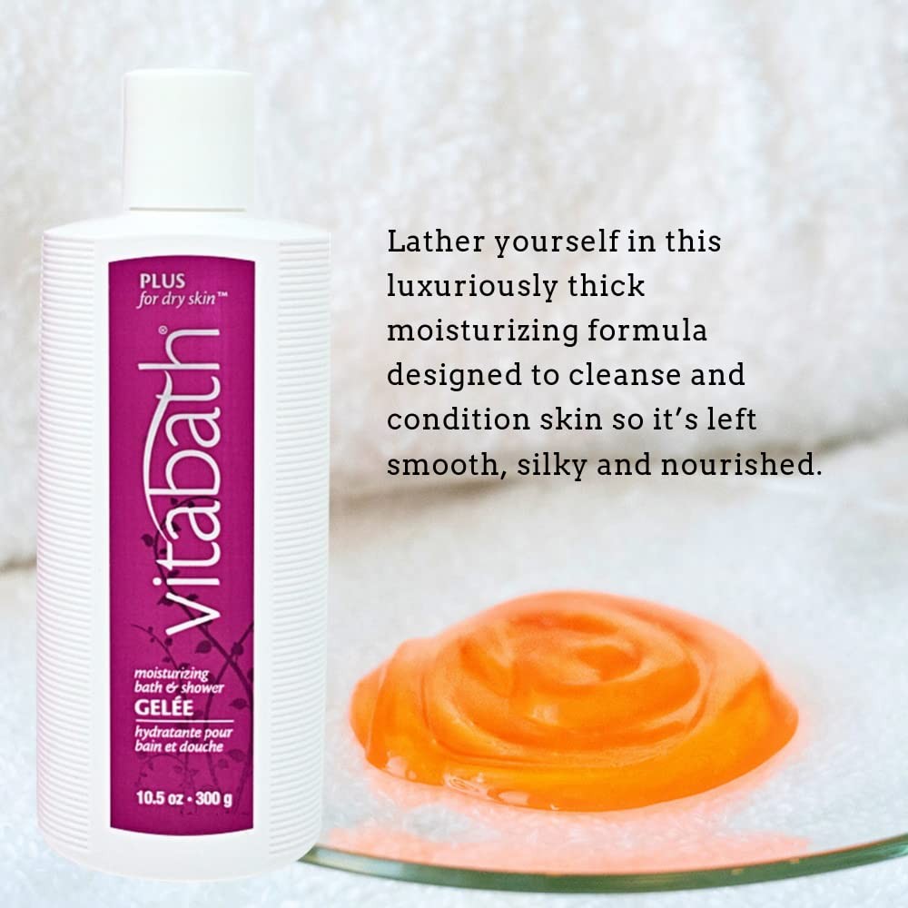 Vitabath Plus dry skin moisturizing bath and shower gel with nourishing formula, featuring a clear bottle with blue liquid