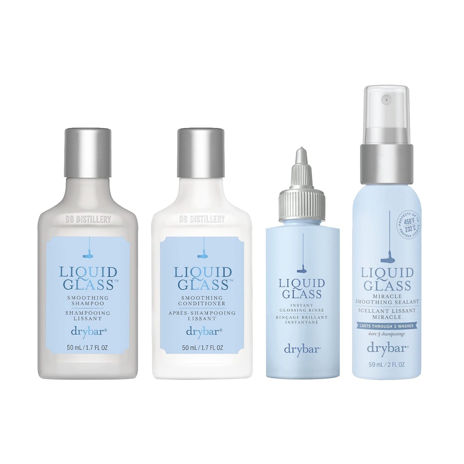 Drybar Glossy Gang On-the-Go Kit with frizz control and shine travel set, featuring small bottles and styling tools for sleek hair.