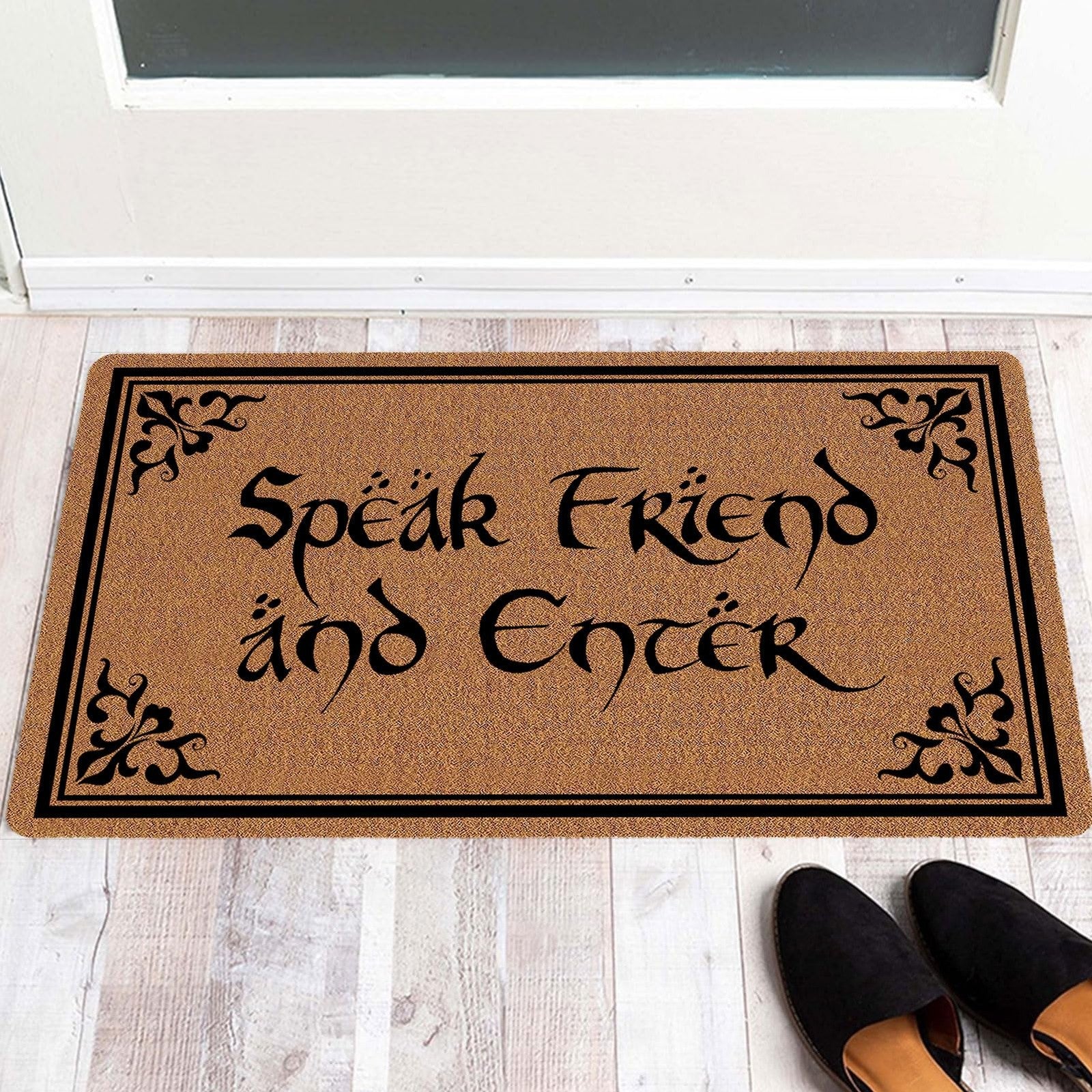 Funny welcome doormat with "Speak Friend And Enter" message, featuring a humorous front door mat design for home entrance.