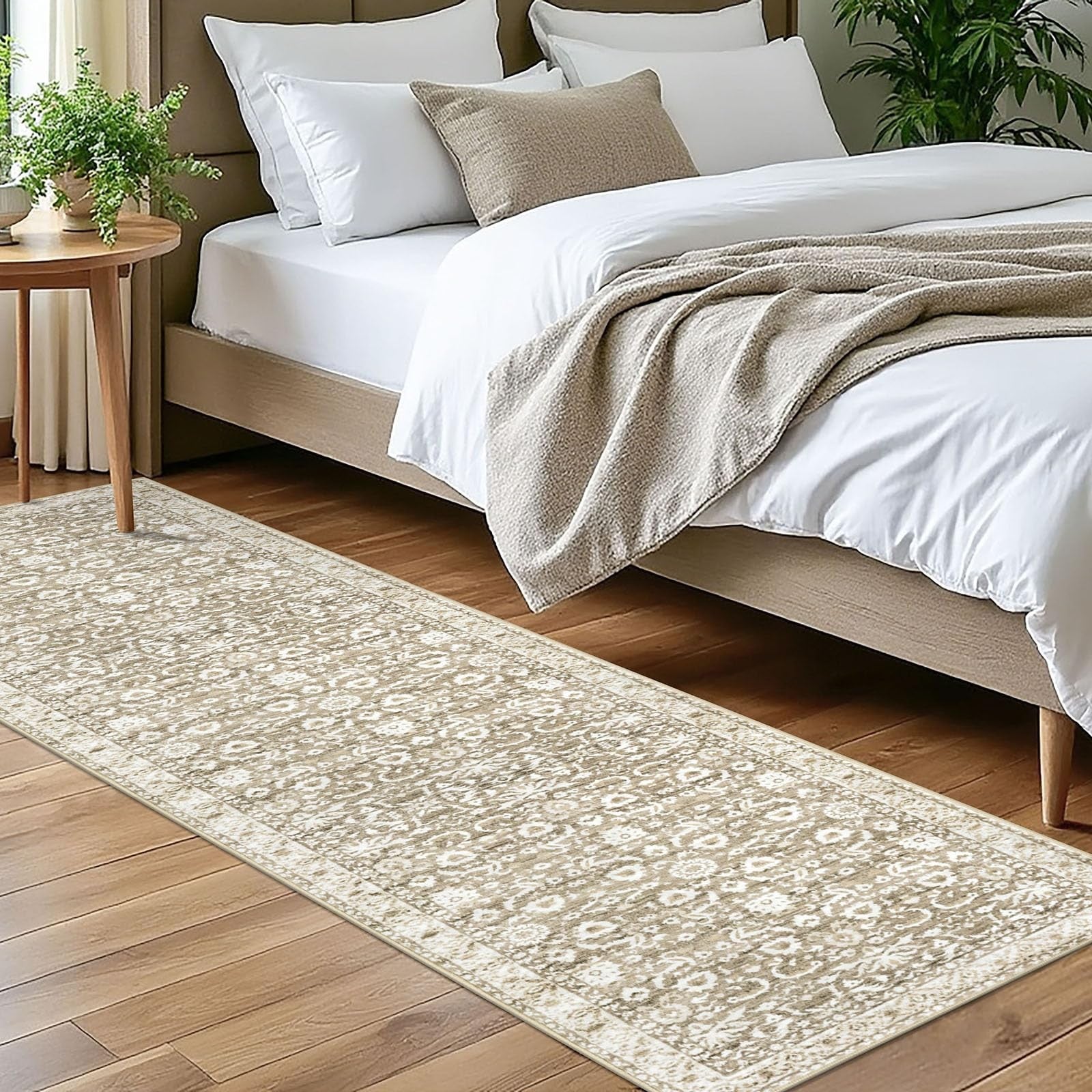 Lansny vintage floral 2x7 beige tan washable kitchen rug with non-slip backing, featuring a white floral pattern.
