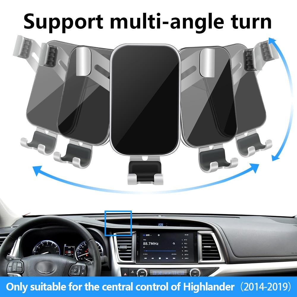 LUNQIN car phone holder attached to a Toyota Highlander dashboard, compatible with 2014-2019 models, secure and easy to access.