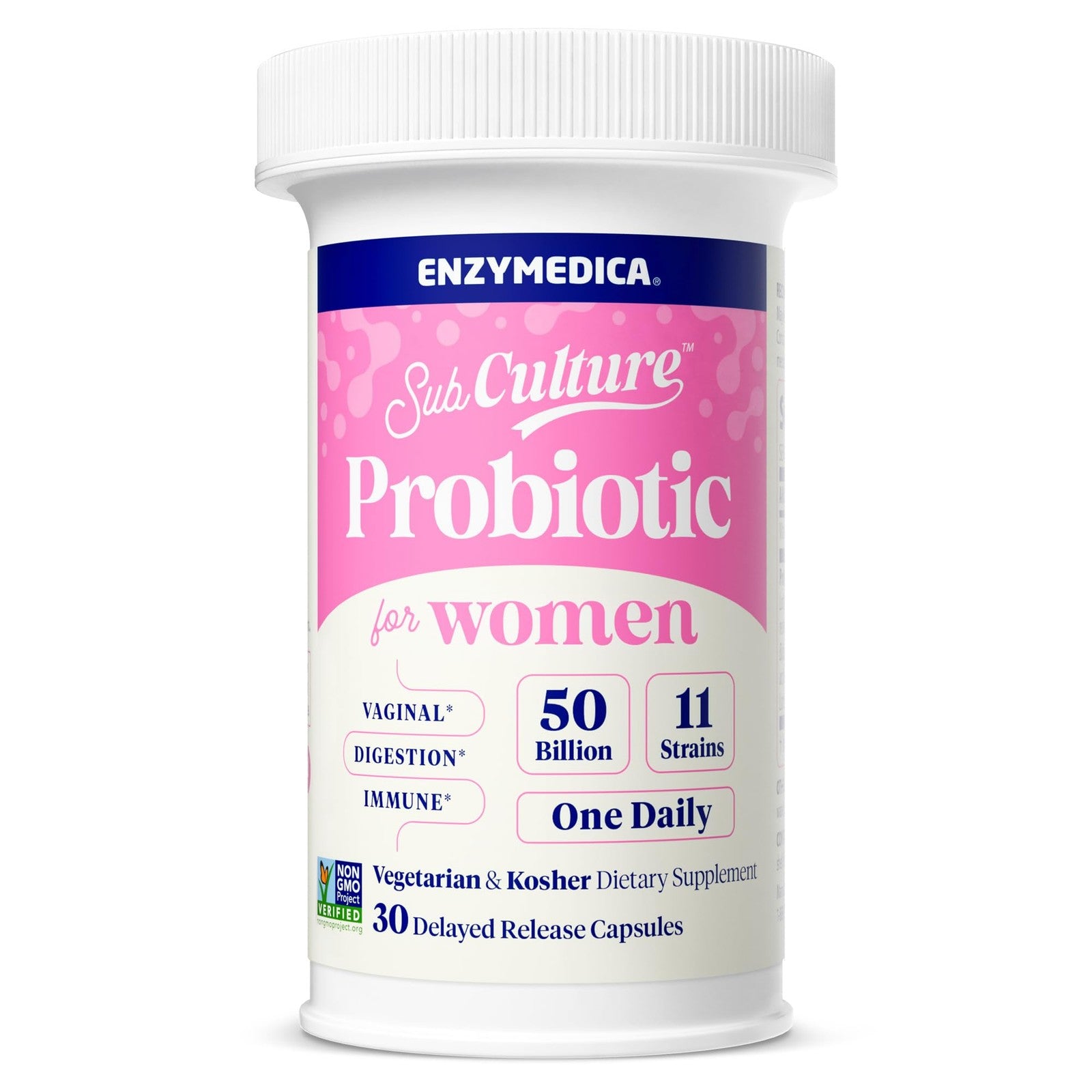 Enzymedica SubCulture Probiotics for Women bottle with label showing 50 billion CFU, designed for vaginal and urinary health.