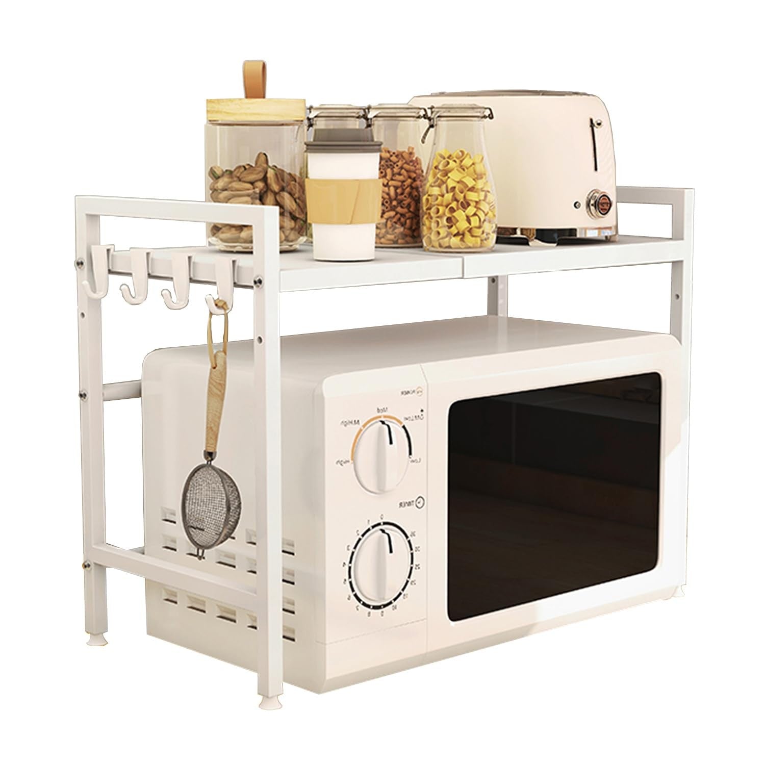 LoyalKBS expandable microwave stand with heavy-duty metal shelves on a kitchen countertop, showing adjustable design and sturdy construction.
