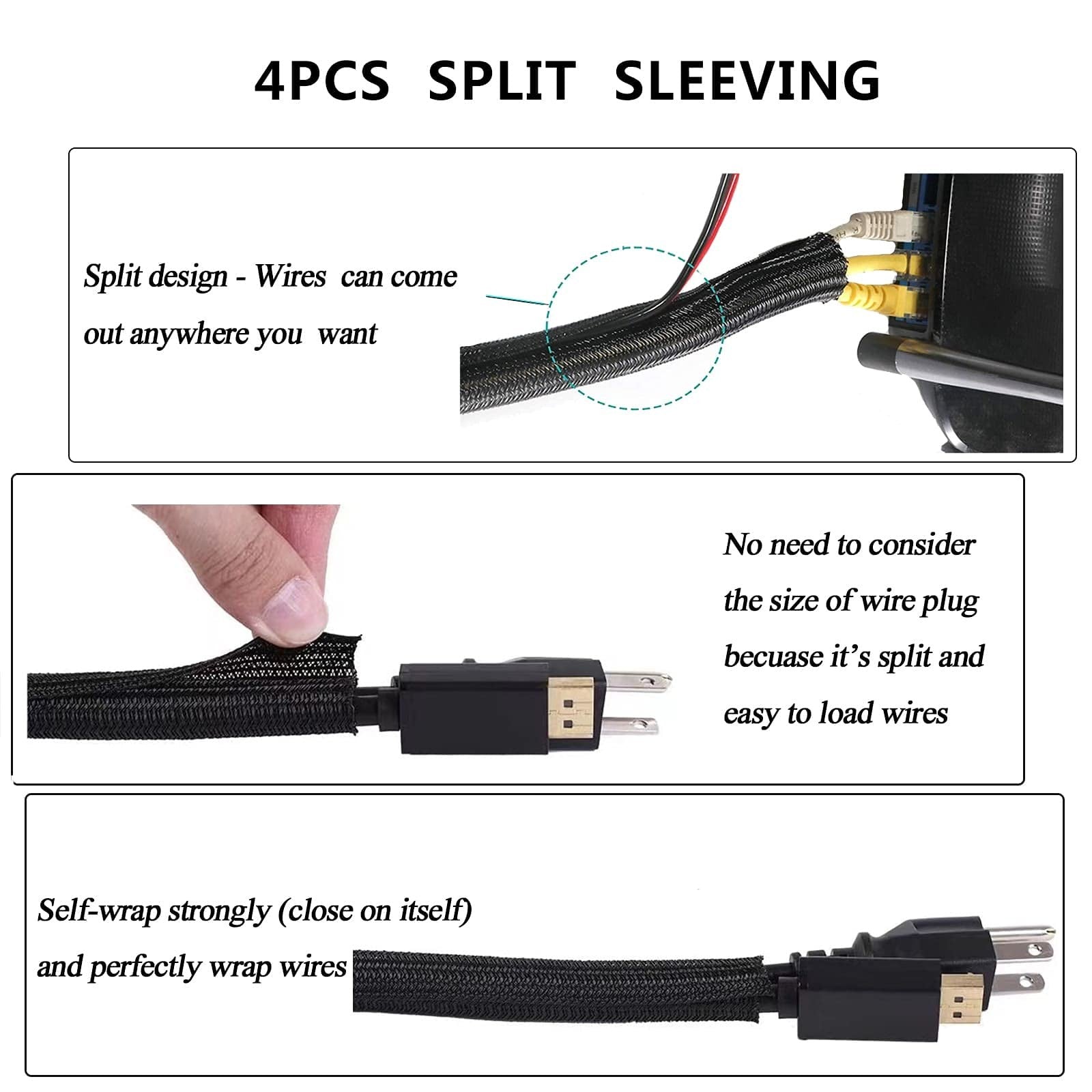N NOROCME cord management organizer kit with four split cable sleeves and adhesive clips for tidy wiring and cable organization.