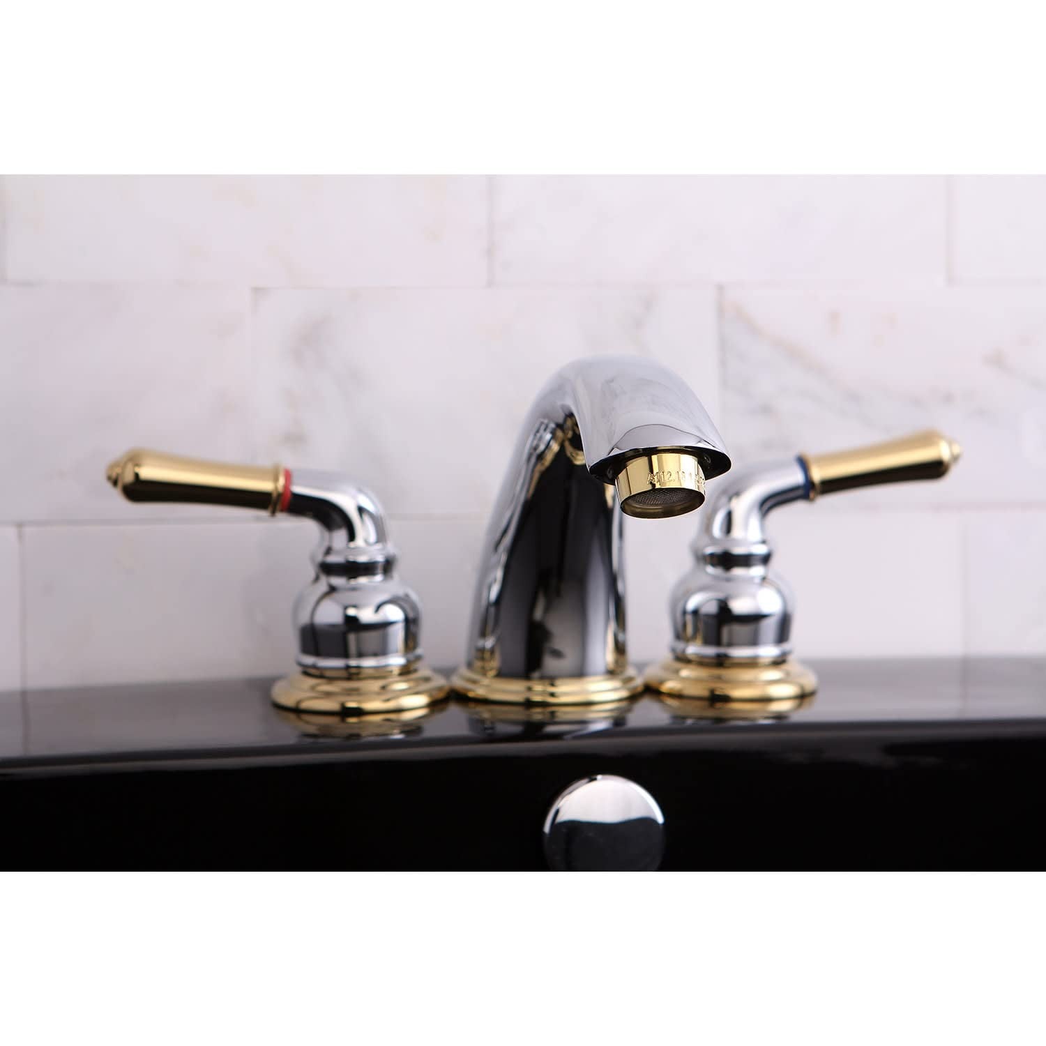 Kingston Brass Magellan widespread bathroom faucet with retail pop-up drain in polished finish, showcasing elegant modern design.