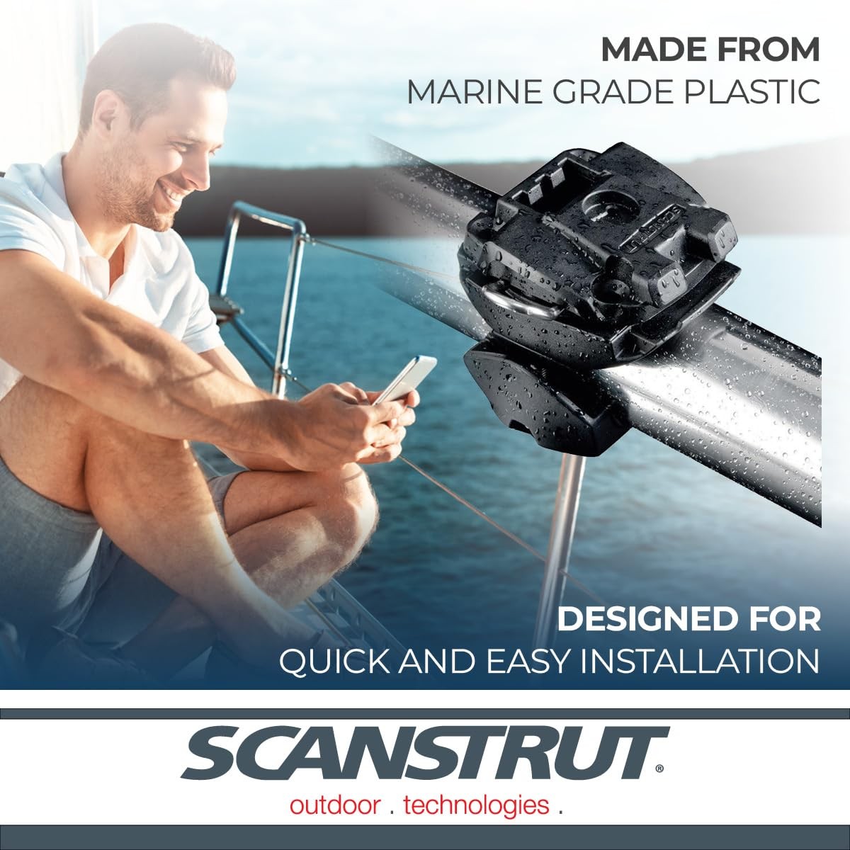 Scanstrut RLS-402 Rokk Mini Rail Mount attached to a boat rail, designed for secure device mounting in marine environments