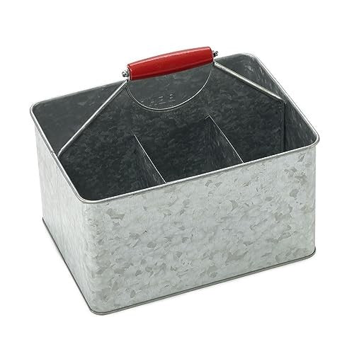 Galvanized rectangular partitioned cleaning caddy with a red handle, ideal for organizing and carrying cleaning supplies.