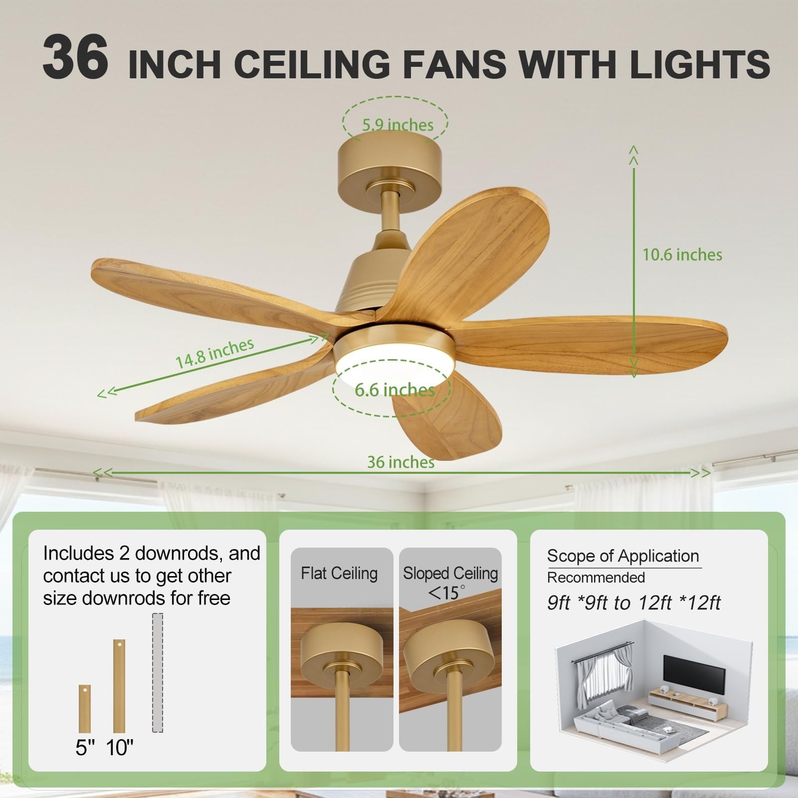 KENSID 36-inch modern wood ceiling fan with integrated light and remote control, shown in a stylish, contemporary room setting.